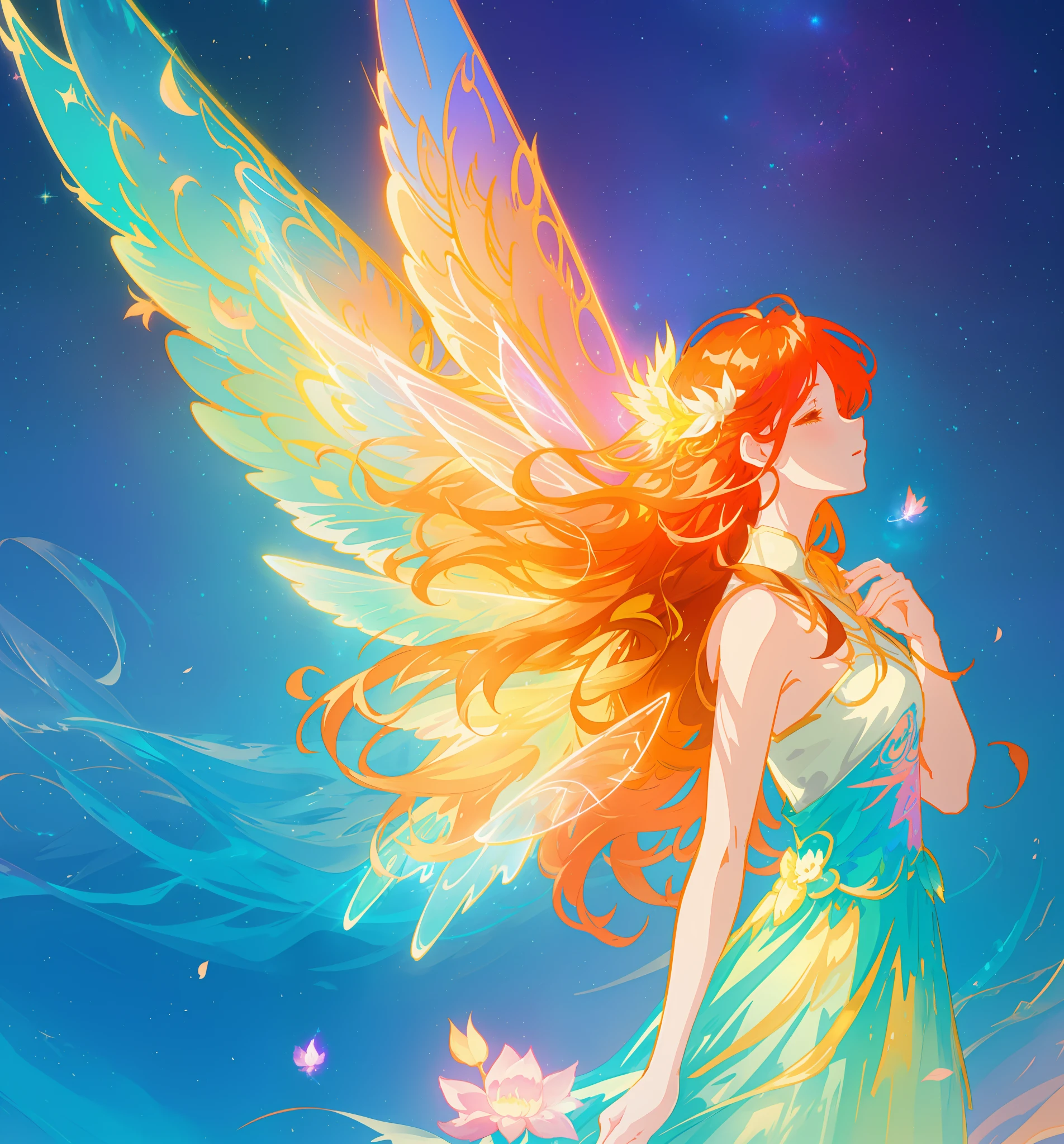 beautiful girl in flowing ballgown dress, (glowing fairy wings), glowing flowing ballgown, long wavy hair, sparkling fairy wings, watercolor illustration, flowers and colorful plants, inspired by Glen Keane, inspired by Lois van Baarle, disney art style, by Lois van Baarle, glowing aura around her, by Glen Keane, jen bartel, glowing lights! digital painting, flowing glowing hair, glowing flowing hair, beautiful digital illustration, fantasia otherworldly landscape plants flowers, beautiful, masterpiece, best quality, anime disney style