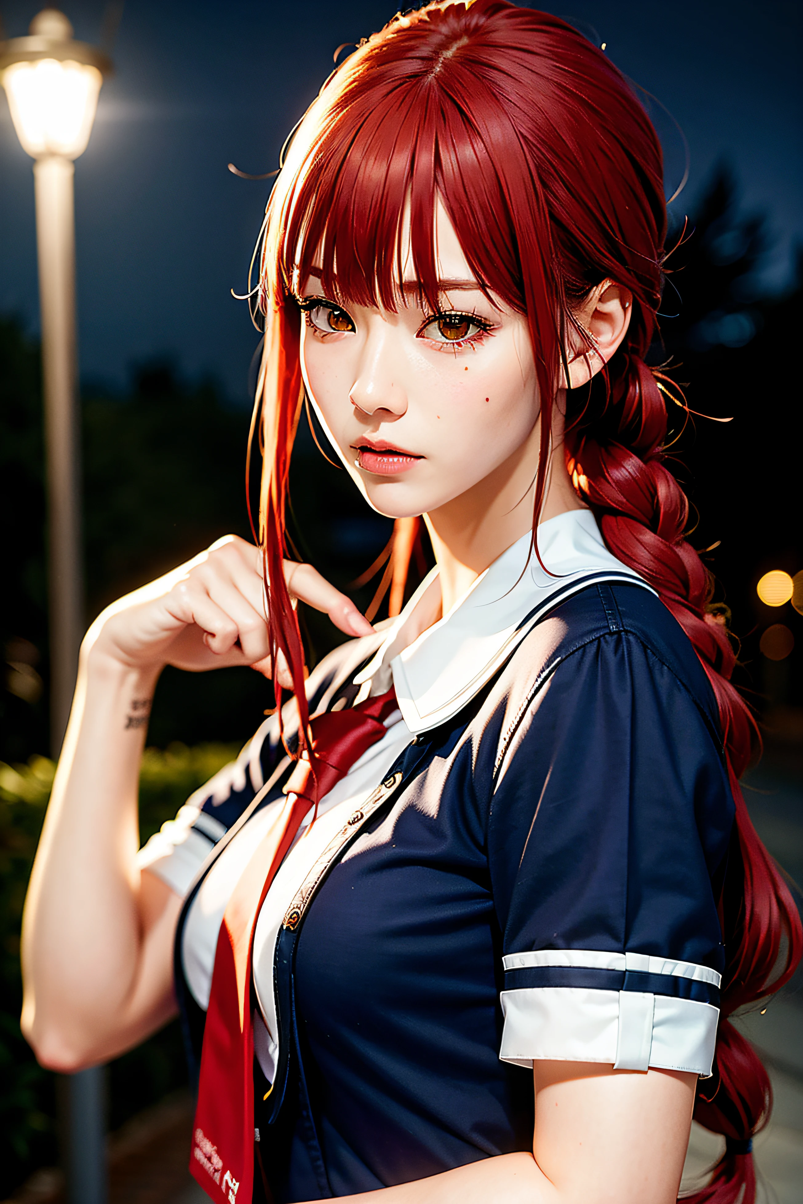 (masterpiece),(best quality:1.0), (ultra highres:1.0), detailed clothes, (school uniform:1.4), blunt bangs, crown braid,  hair ornament, (red hair:1.4), short hair, detailed face, (smooth chin:0.85),  looking at viewer, beautiful eyes, detailed eyes,  (ulzzang-6500:0.7), night, torii,cherry blossoms, floating sakura, from side, photon mapping, physically-based rendering, RAW photo, highly detailed background, (photo realistic:1.35), high res, perspective, sitting, school uniform, navel,