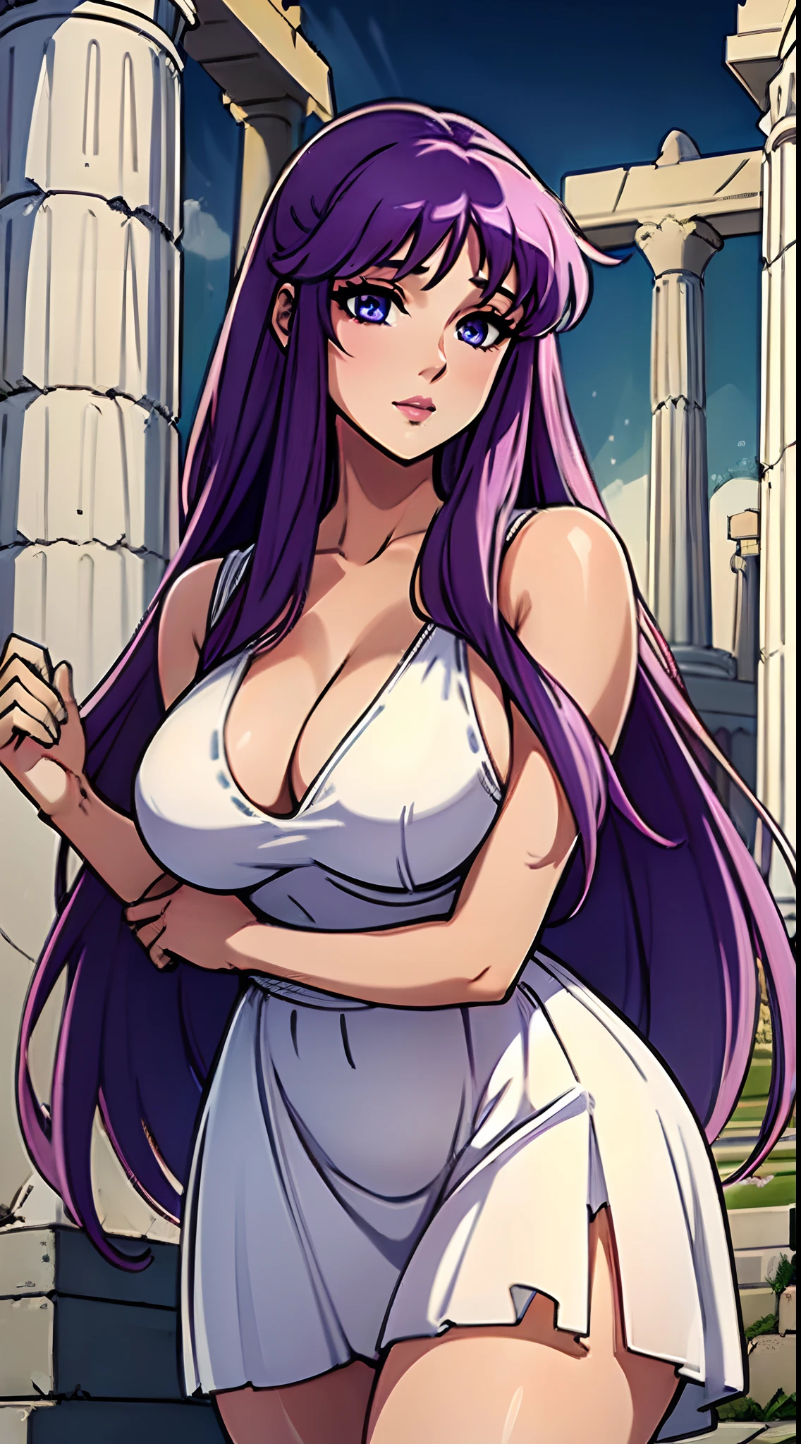 (best quality:1.3), Saori Kido, (white dress), busty,  seductive, sexy, curvy body,  (ruined Roman temple)