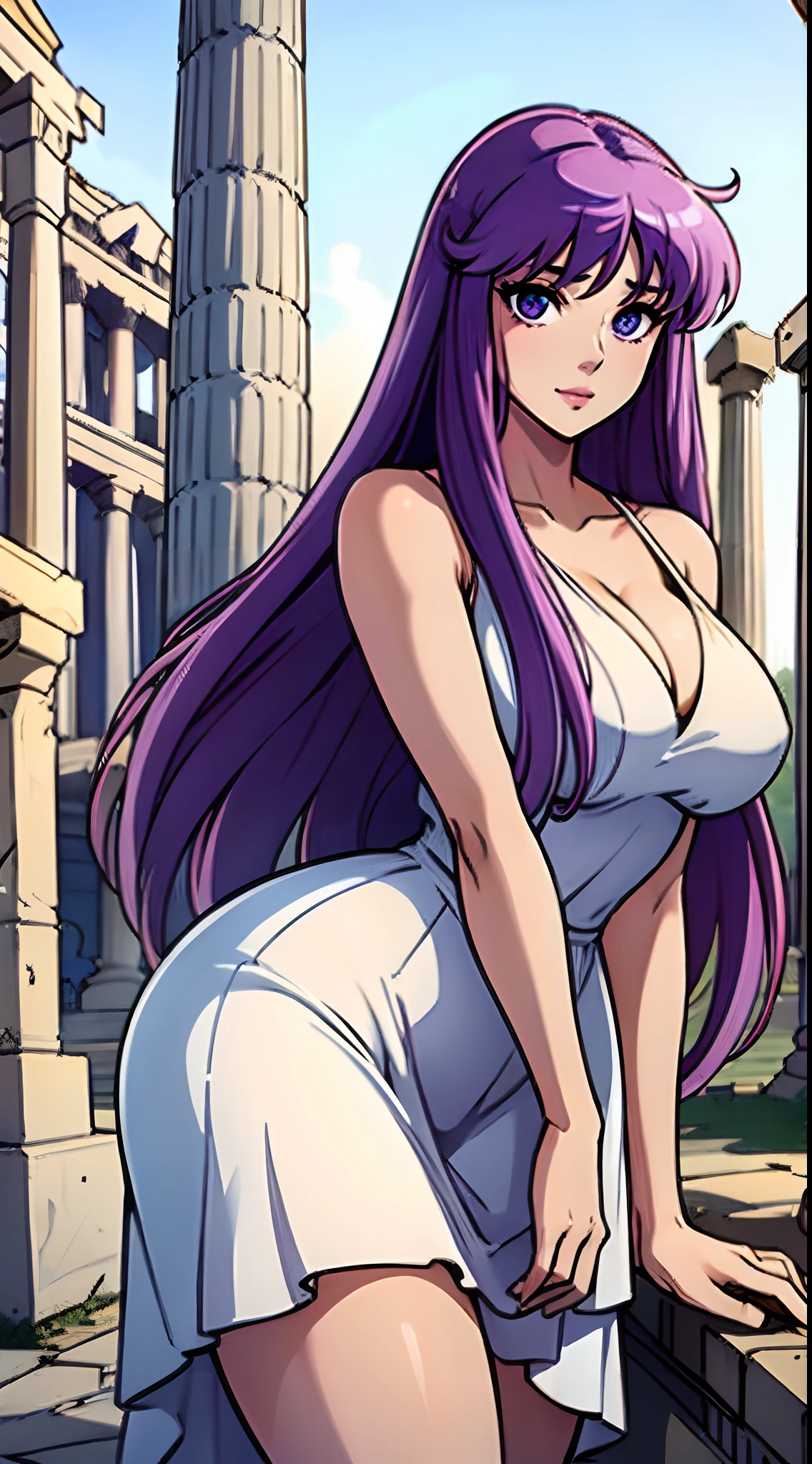 (best quality:1.3), Saori Kido, (white dress), busty,  seductive, sexy, curvy body,  (ruined Roman temple)