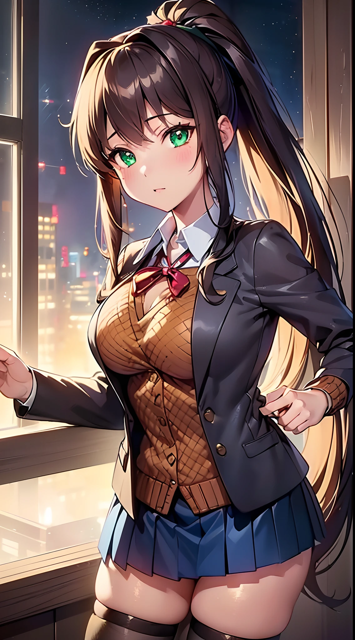 Photorealistic,Realistic illustration in Manga Style,((Masterpiece)),((Best quality)),((Ultra detailed)),((1girl)),((only)),((waifu:1.5)),Unreal Engine 5,Photon Mapping,Physically-based rendering, Perfect anatomy,Cute_face,Exceptionally Beauty Waifu Realistic Photo Of Young Exceptionally Beautiful Waifu Monika,In a Classroom,((Divine Energy)),((Wearing a Schoolgirl Uniform Costume with Gold Details and Energy crystals)),((Black Fishnet Stockings)),((Blazer:1.3)),((Brown Sweater:1.3)),((Collared Shirt:1.3)),((Blue Sailor Skirt:1.3)),[[Large Breasts]],((Very Long Hair)),((Brown Hair)),((Ponytail)),Standing,Leaning Forward,Arms Behind Back,Expressionless,((Glowing-Green-Eyes:1.2)),Wavy Hair,Eyeliner,Cute Makeup,((Perfect Detailed Eyes)),Cyberpunk City,rainy outside,night,Vivid Details,Maximum Details,Hyper Defined Details,((HDR,UHD,DSLR)),((Film Grain:1.3)),Fujifilm X-T4,((Extremely CG Unity 8K Wallpaper)),Intricate Detailing,Extremely Beautiful and Aesthetic,Octane Rendering,Full Body Portrait,Damp Skin,((Perfect Detailed Body)),monika,school uniform