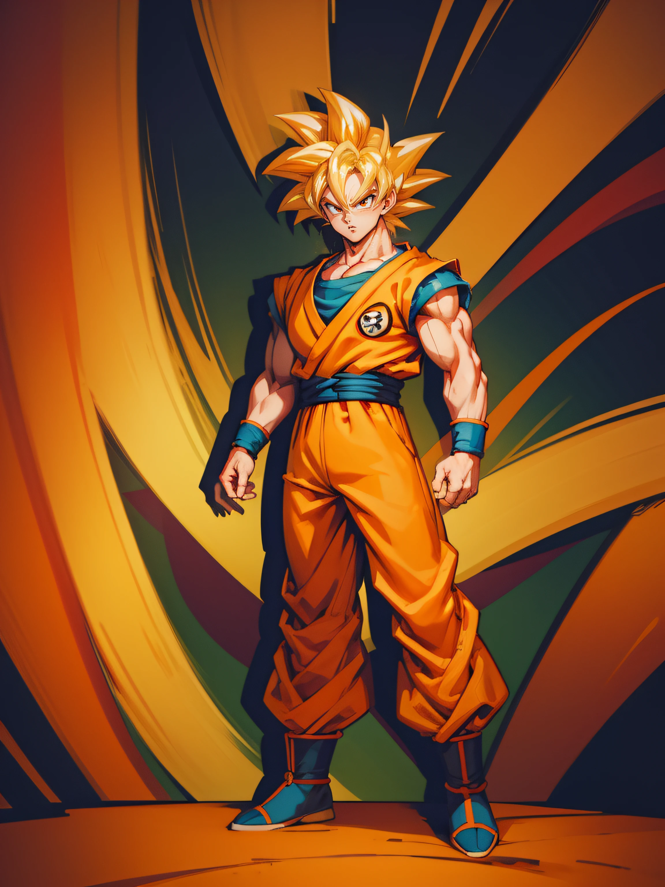 (masterpiece), best quality, ultra-detailed, Goku from Dragon Ball Z wearing orange clothes, Retro style, full body.