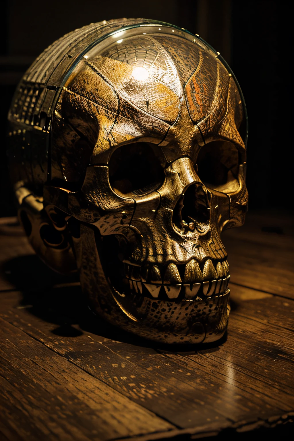 A glass skull of real t-rex , with very detailed Viking draw with lot of gasoline multicolored
