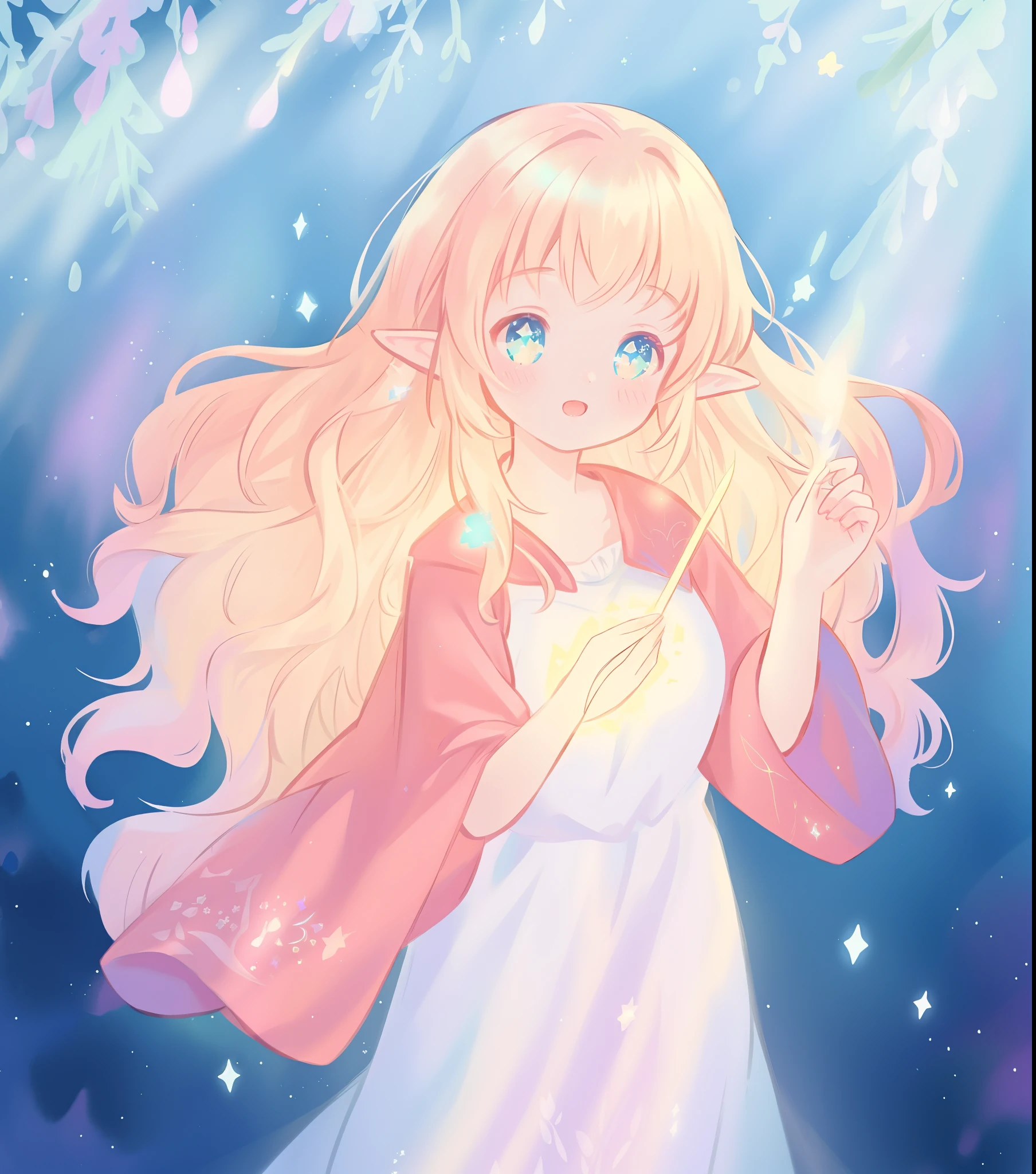 beautiful girl in white elven dress, elven princess, elf ears, princess, white sparkling crown made of vines and flowers, vibrant pastel colors, (colorful), magical lights, red and gold long wavy hair, sparkling lines of light, inspired by Glen Keane, inspired by Lois van Baarle, disney art style, by Lois van Baarle, glowing aura around her, by Glen Keane, jen bartel, glowing lights! digital painting, flowing glowing hair, glowing flowing hair, beautiful digital illustration, fantasia background, whimsical, magical, fantasy, beautiful face, ((masterpiece, best quality)), intricate details, highly detailed, sharp focus, 8k resolution, sparkling detailed eyes, liquid watercolor