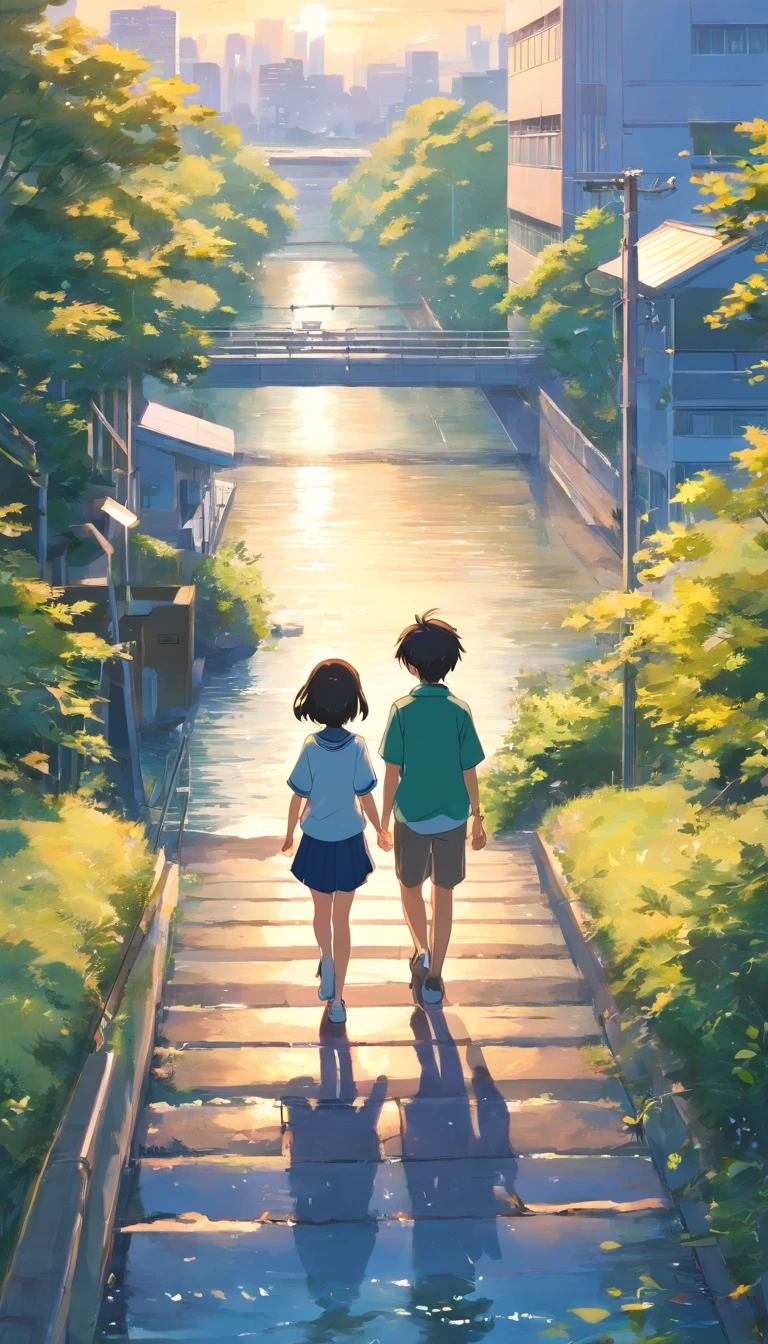 In elementary school,A female school,A male student,cheerfulness,Coming home from school,River embankment