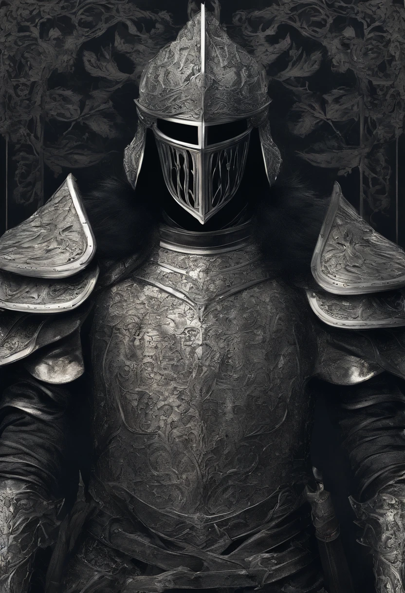 Illustration based on the referenced medieval fantasy knight, male with a Silver metal helmet, with the face of a beautiful woman, on the sides of the helmet there are waves that represent wavy hair. Closed helmet.