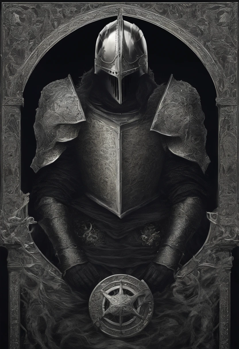 Illustration based on the referenced medieval fantasy knight, male with a Silver metal helmet, with the face of a beautiful woman, on the sides of the helmet there are waves that represent wavy hair. Closed helmet.