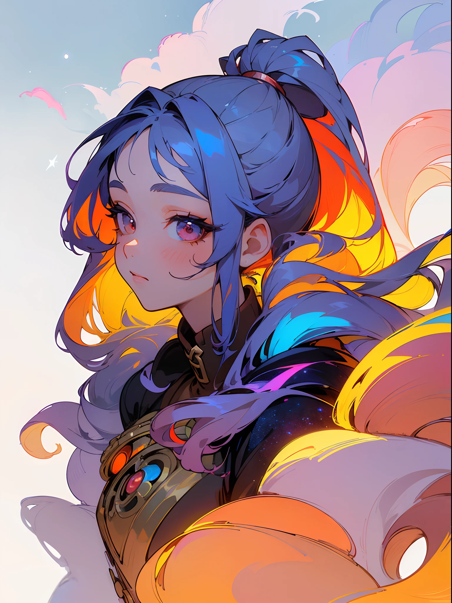 (Masterpiece, Best Quality, Detailed, Beautiful:1.2), (Perfect Sketch, detailed clothes, A detailed eye), Krenz Kchart Style, Alphonse Mucha's style, (1girl), 独奏, (looking to his left), Dressed as a Norse goddess, (Portrait, shot from the side), Lots of colors in the frame, ((tmasterpiece)), (((beste-Qualit))), ((ultradetailed)), ((illustartion)),[The light effect of realism], eye shadow,(fantasy style),(whitebackground:1.6), Simple background, illustartion, 1 girl, sly look, Majestic view (multi-colored hair, Hair gradient, Hair color from blue to peach, without bangs, ((Side bangs)), curly curl on the cheek, hairstyle: high ponytail, long tail), The eyes are crimson-red, Environment change scene, (The hair is surrounded by the bursts of the galaxy),))):((Her hair turns into galactic clouds,:1.27628), The Moon in the Night, Stars, wide eyes, Lashes, side glance, Crystal hair, Glowing Hair, shirt with collar, galaxy, Additional lighting, luna, bright stars, multicolored galaxy