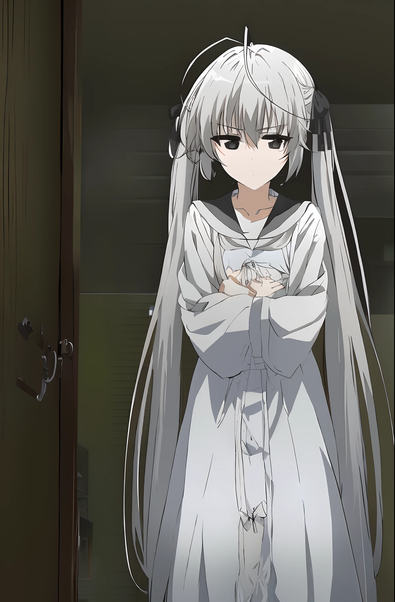 sorakasugano, sora kasugano, ahoge, (black eyes:1.5), hair between eyes, hair ribbon, long hair, twintails, black ribbon, simple white night gown with collar, white hair, (flat chest:1.2), BREAK, grey ribbons, long sleeves,, serafuku, white sailor collar, white serafuku, BREAK looking at viewer, BREAK indoors, BREAK (masterpiece:1.2), best quality, high resolution, unity 8k wallpaper, (illustration:0.8), (beautiful detailed eyes:1.6), extremely detailed face, perfect lighting, extremely detailed CG, (perfect hands, perfect anatomy), ((standing)), ((hugging self)), ((stunning brown eyes))