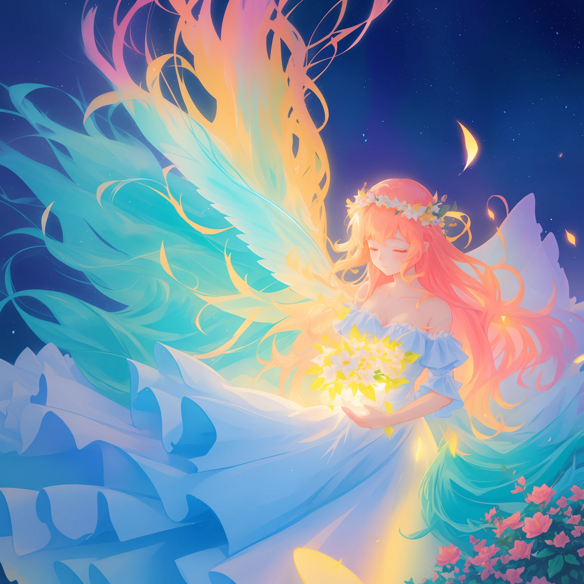 beautiful girl in flowing ballgown dress, (glowing fairy wings), glowing flowing ballgown, long wavy hair, sparkling fairy wings, watercolor illustration, flowers and colorful plants, inspired by Glen Keane, inspired by Lois van Baarle, disney art style, by Lois van Baarle, glowing aura around her, by Glen Keane, jen bartel, glowing lights! digital painting, flowing glowing hair, glowing flowing hair, beautiful digital illustration, fantasia otherworldly landscape plants flowers, beautiful, masterpiece, best quality, anime disney style
