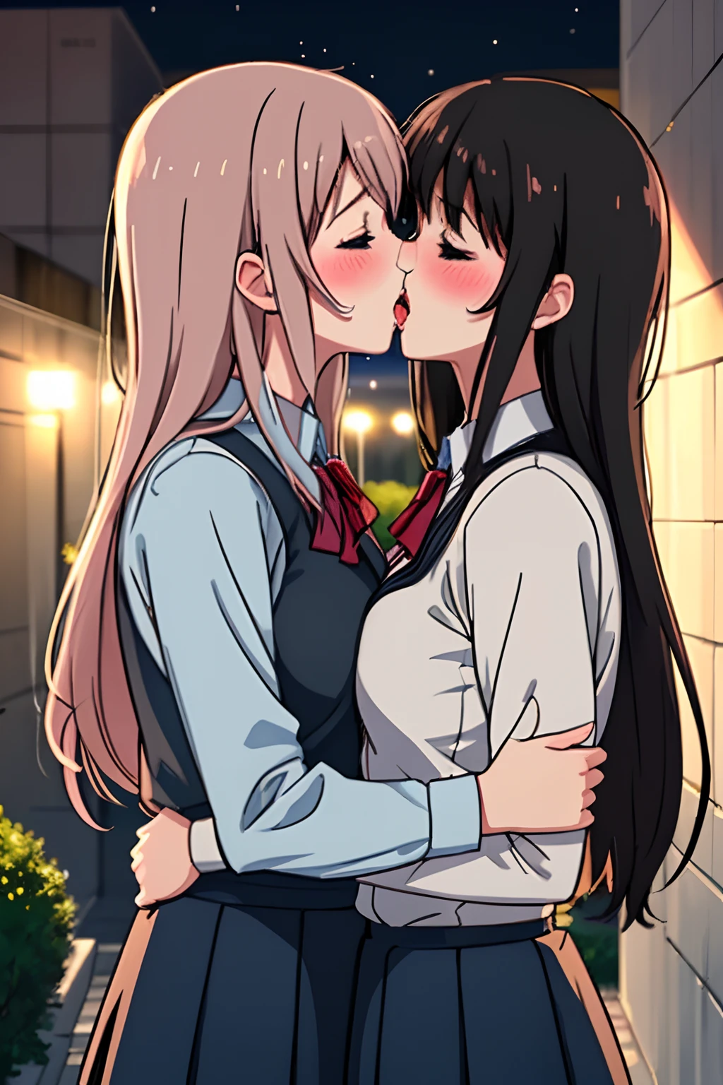 2 girls kissing, passionately, school uniforms, blush, behind the school, kiss, tounge kiss, beautifully detailed, detailed, beautiful lighting