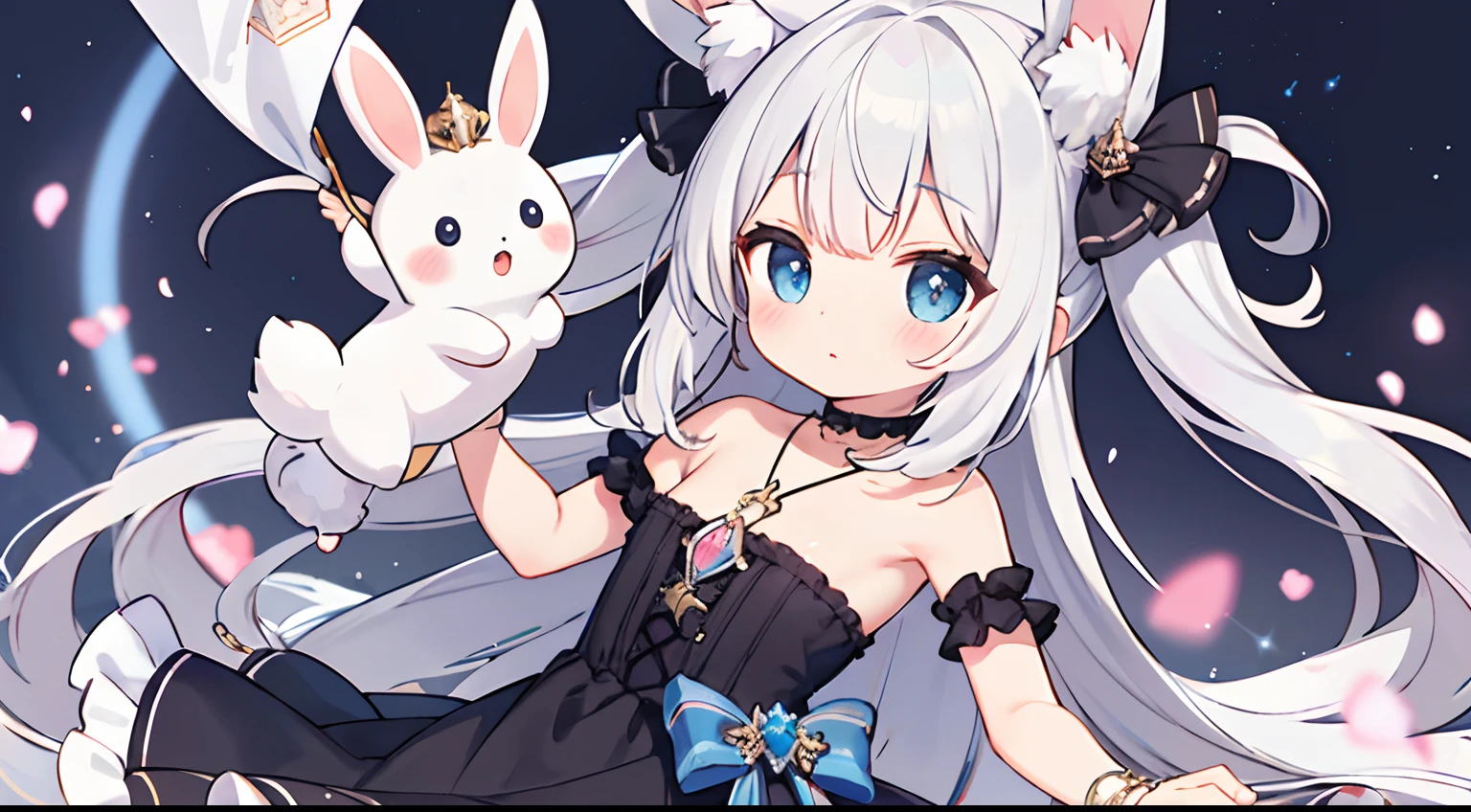 Solo focus, (****:1.3) (((little cute girl))), flat chest, rabbit girl, animal ear rabbit, BREAK, cute dress, Beautiful eyes, BREAK, (dress ****ta gothic), chain, necklace, (metalic luster:1.5), masterpiece, best quality, Beautiful Backgound