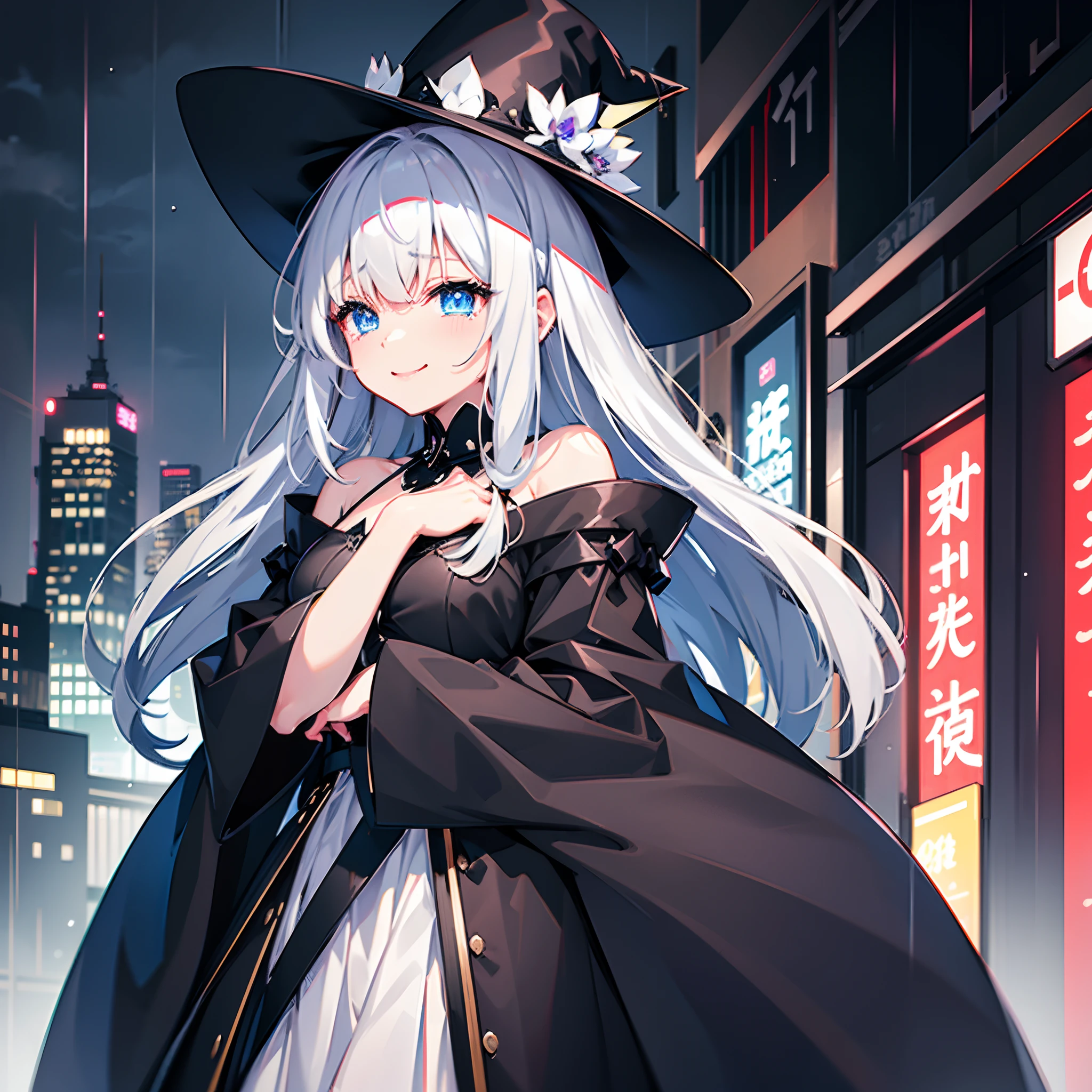 Rainy nights、An urban area lined with buildings、Late Night Tokyo、Standing Girl、Black coat、white t-shirts、a black skirt、White lob hair with blue-violet mesh、Wearing a large black witch hat with sapphire accessories、Blue eyes with highlights、Smiling and shedding tears、B cup breasts、discreet breasts、Small、Modest but beautiful、Beautiful illustration