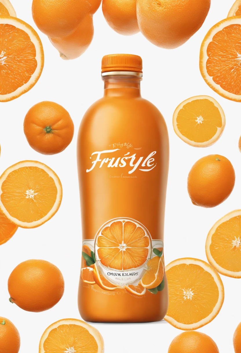 3D model of a bottle with the name FRUSTYLE orange, Orange Drink, On the labels, oranges are sliced