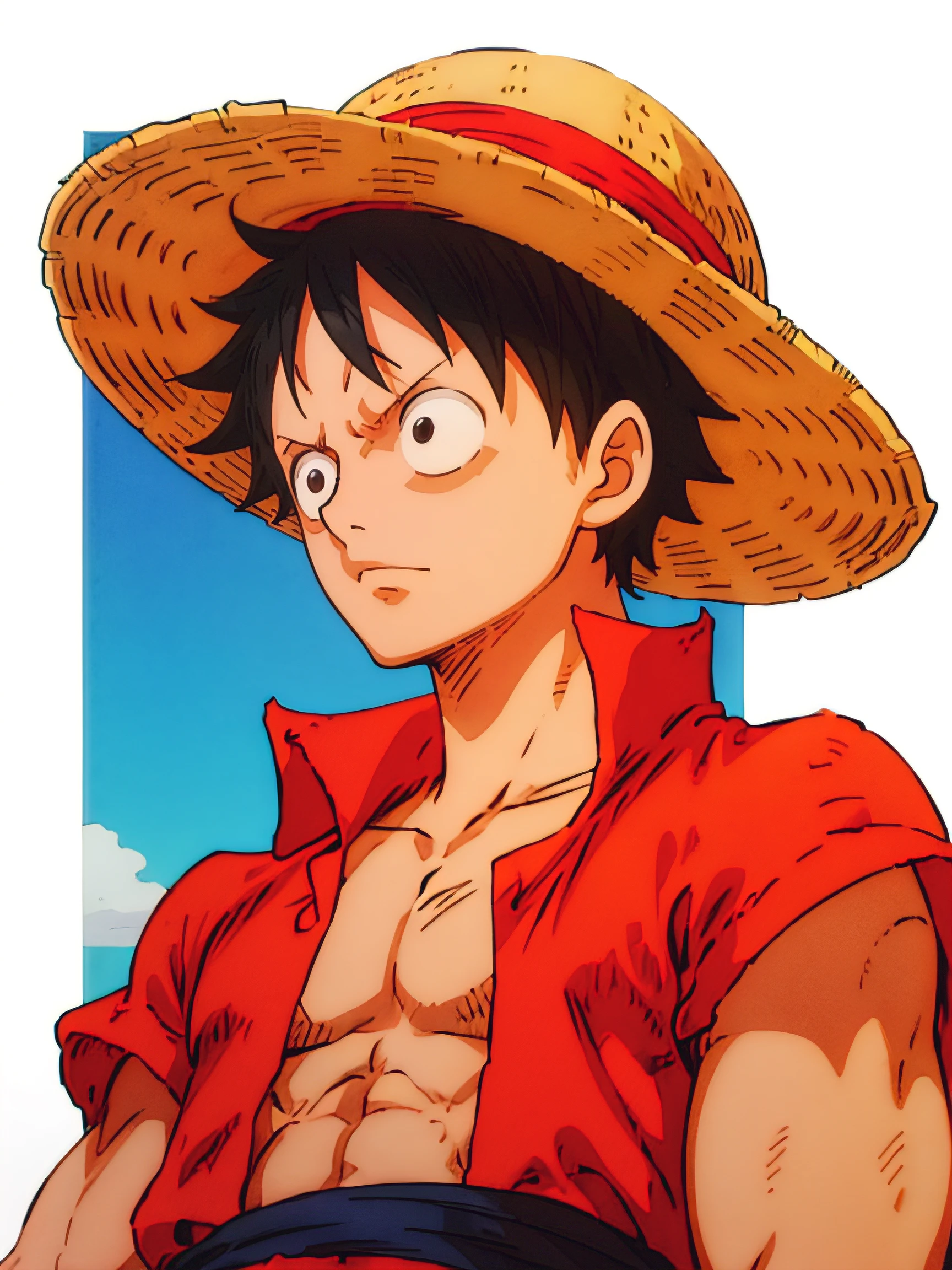 1man, minimalism, Monkey D. Luffy, Eiichirō Oda, simple, clean:0.9, bold typography:1.1, lineart, vector, bodybuilder, straw hat, sea from background