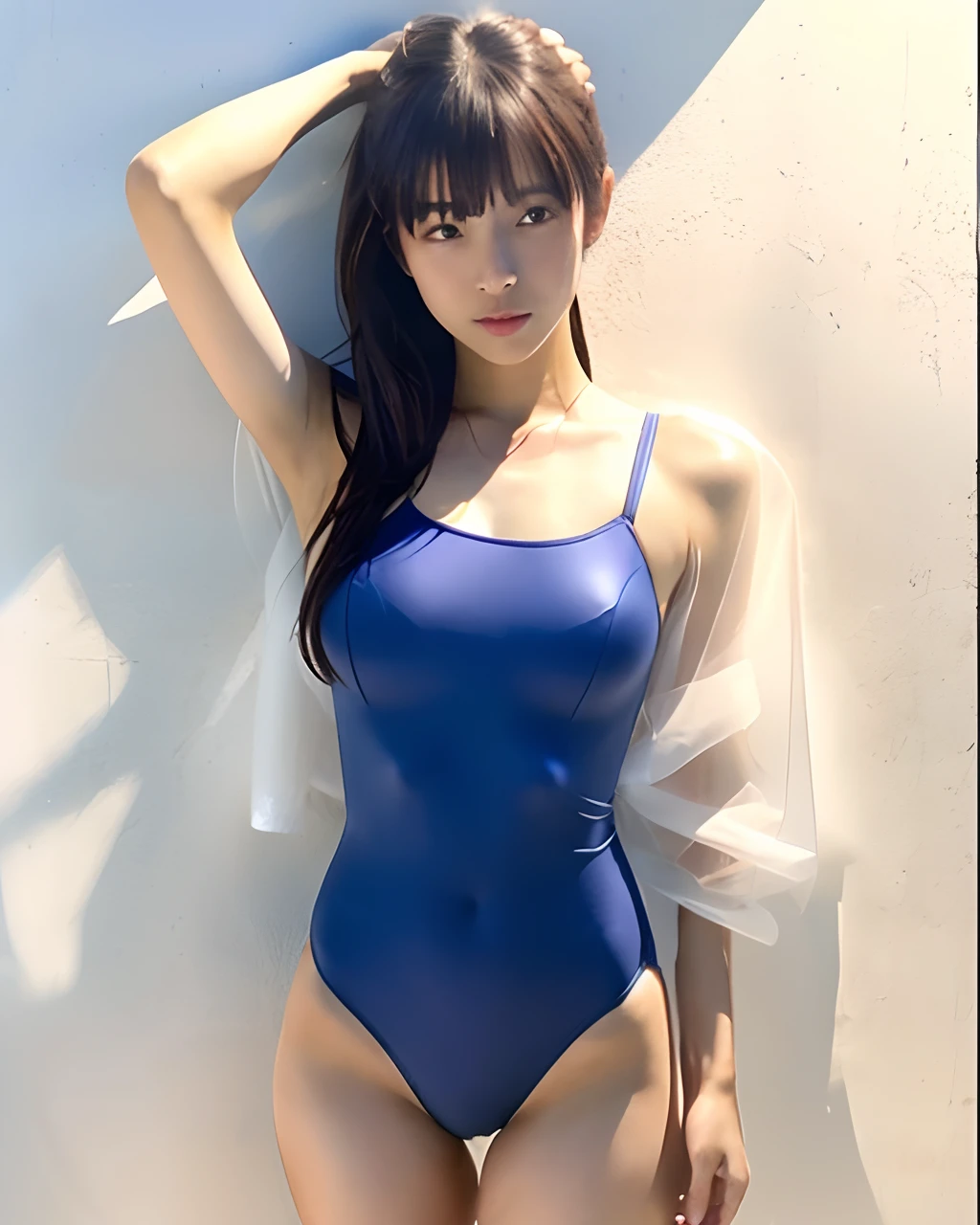 ((((the whole body is wet))))、(((Close-fitting swimsuit)))、(((Sheer )))、((((Swimsuit is white))))