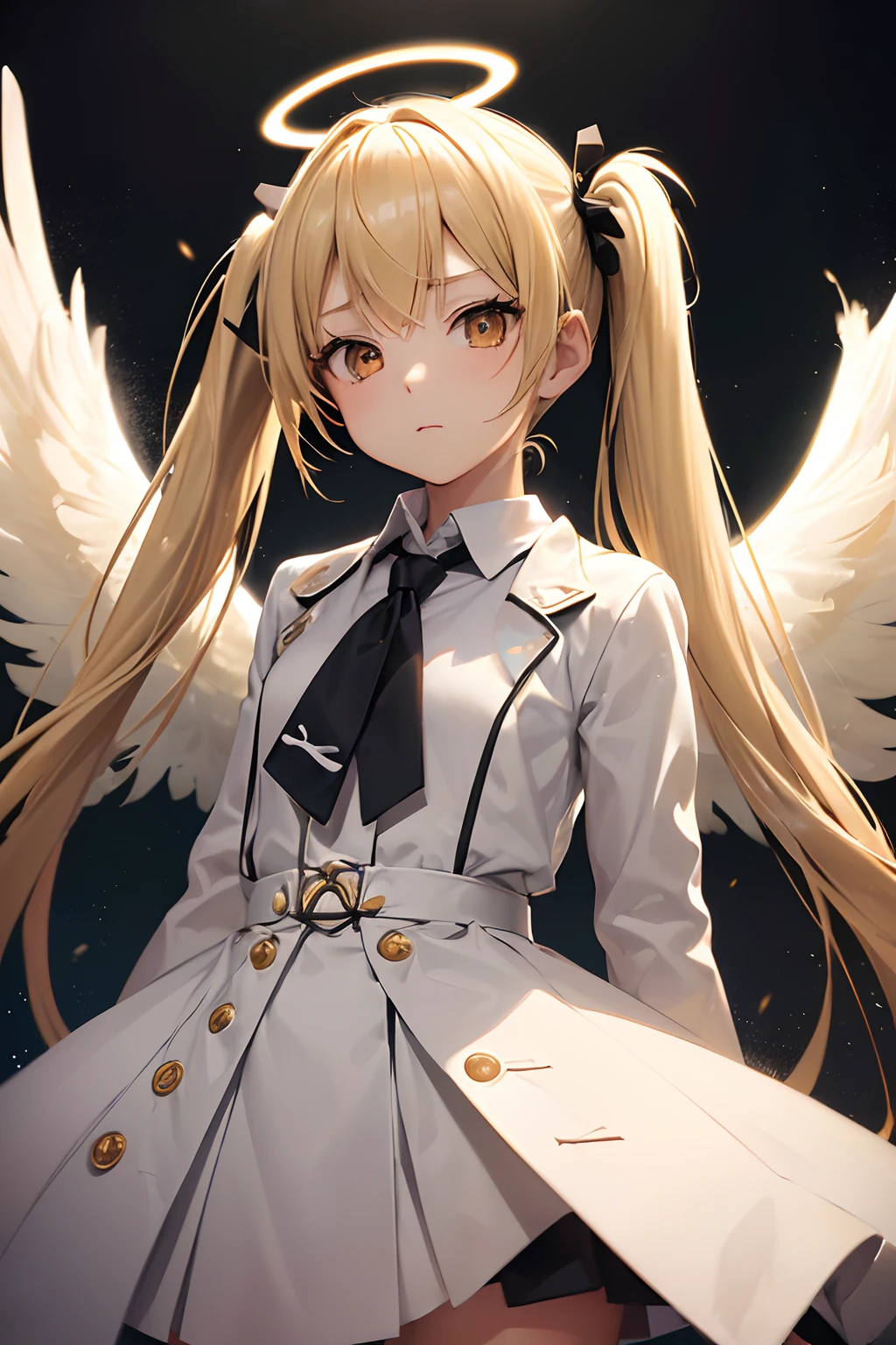 (masutepiece, Best Quality:1.3), (Ultra-detailed:1.3), 1girl in, Solo, (White hair, hair messy, Long hair), (Angel wings, Angel Halo), flat chest, Yellow eyes, (White shirt, black necktie, Black coat, Open coat), Cowboy Shot, Cinematic lighting, (((Glowing particles of light))), (arms behind back), Dynamic Angle,(((Petite girl with blonde twin tails))),