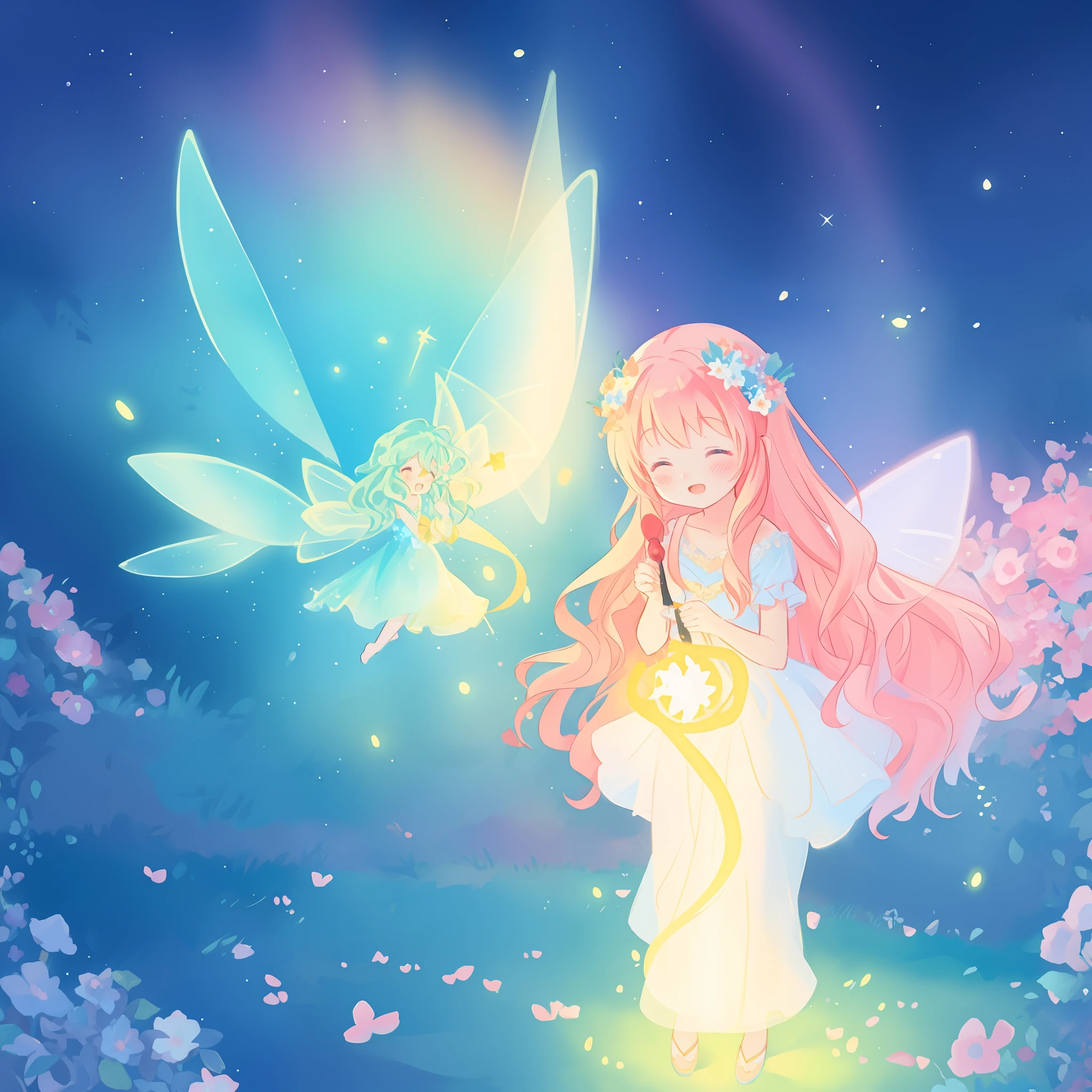 beautiful girl in flowing ballgown dress, (glowing fairy wings), glowing flowing ballgown, long wavy hair, sparkling fairy wings, watercolor illustration, flowers and colorful plants, inspired by Glen Keane, inspired by Lois van Baarle, disney art style, by Lois van Baarle, glowing aura around her, by Glen Keane, jen bartel, glowing lights! digital painting, flowing glowing hair, glowing flowing hair, beautiful digital illustration, fantasia otherworldly landscape plants flowers, beautiful, masterpiece, best quality, anime disney style