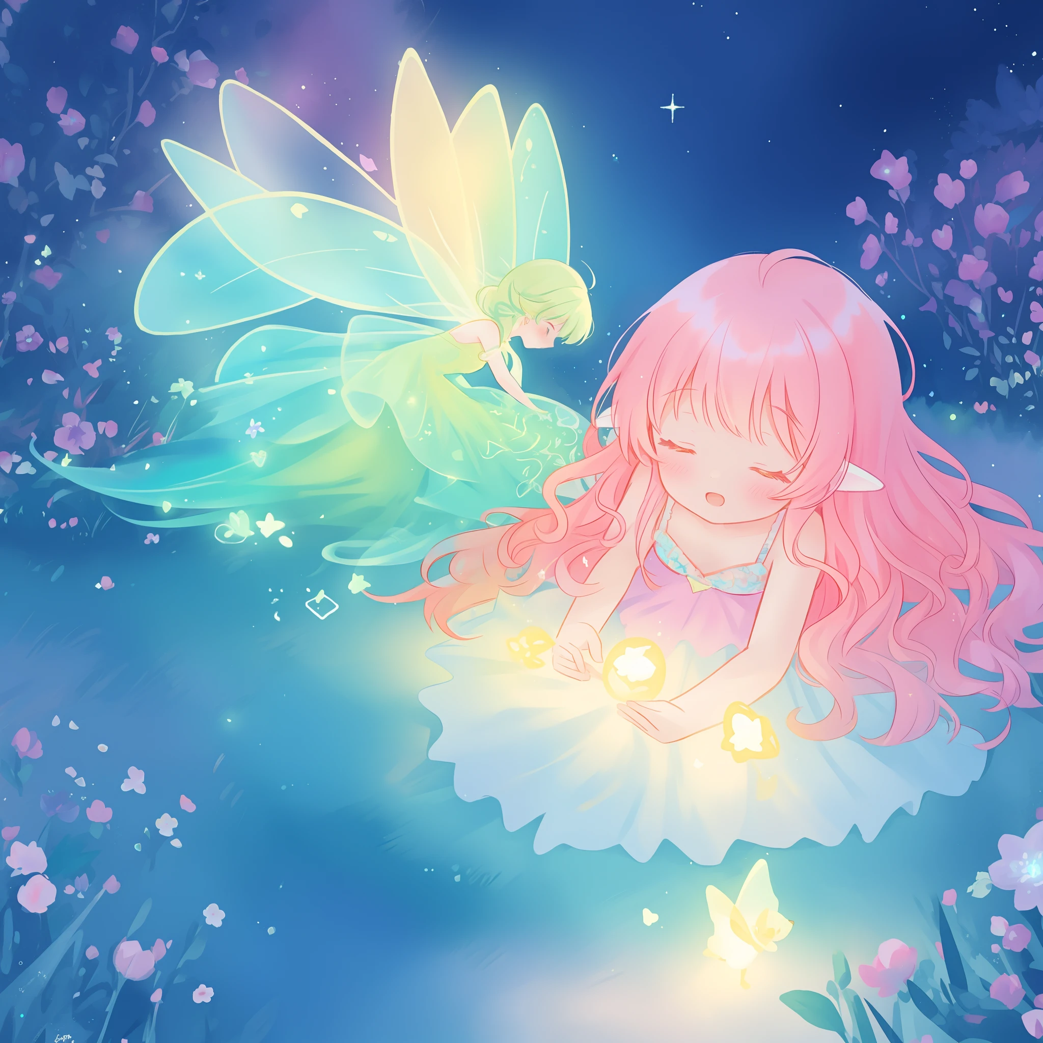 beautiful girl in flowing ballgown dress, (glowing fairy wings), glowing flowing ballgown, long wavy hair, sparkling fairy wings, watercolor illustration, flowers and colorful plants, inspired by Glen Keane, inspired by Lois van Baarle, disney art style, by Lois van Baarle, glowing aura around her, by Glen Keane, jen bartel, glowing lights! digital painting, flowing glowing hair, glowing flowing hair, beautiful digital illustration, fantasia otherworldly landscape plants flowers, beautiful, masterpiece, best quality, anime disney style