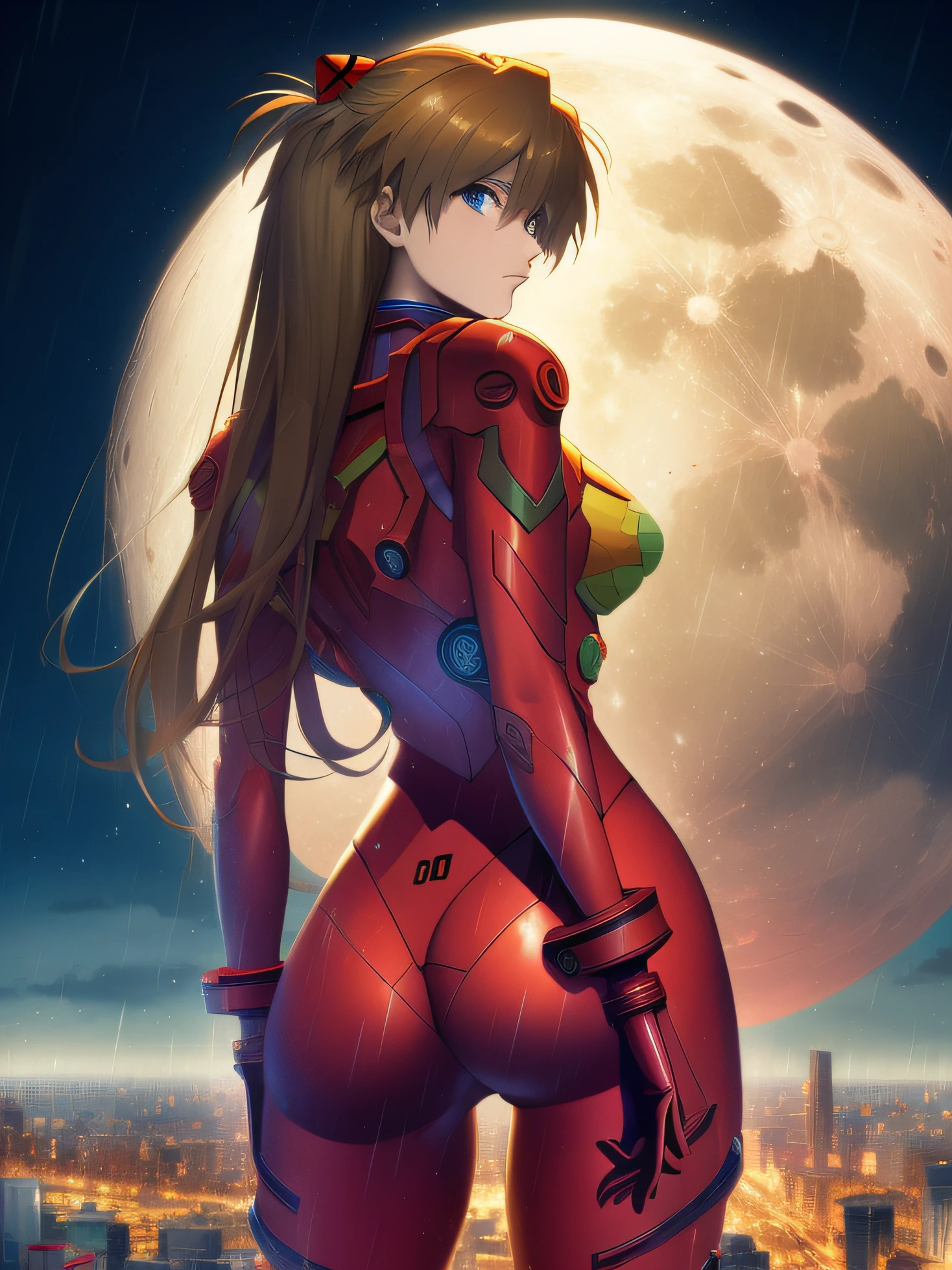 Asuka Langley ,masterpiece, best quality,,city,cyperpunk,night,rain,moon, HUGE ASS, BACK VIEWER