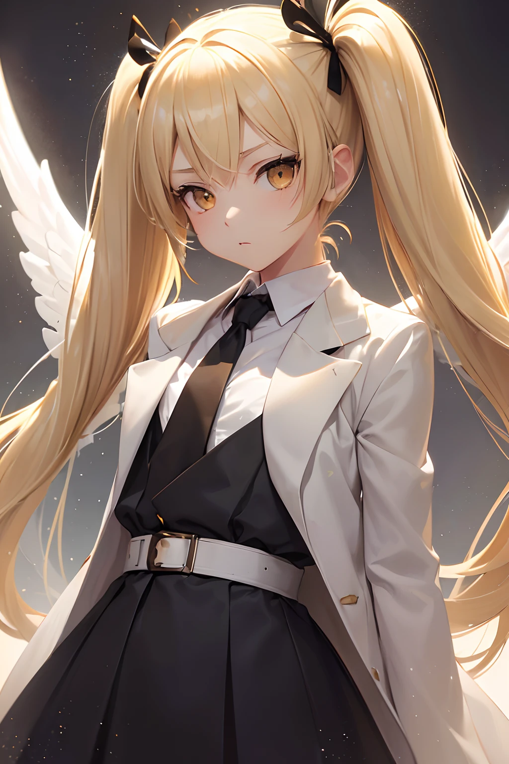 (masutepiece, Best Quality:1.3), (Ultra-detailed:1.3), 1girl in, Solo, (White hair, hair messy, Long hair), (Angel wings, Angel Halo), flat chest, Yellow eyes, (White shirt, black necktie, Black coat, Open coat), Cowboy Shot, Cinematic lighting, (((Glowing particles of light))), (arms behind back), Dynamic Angle,(((Petite girl with blonde twin tails))),
