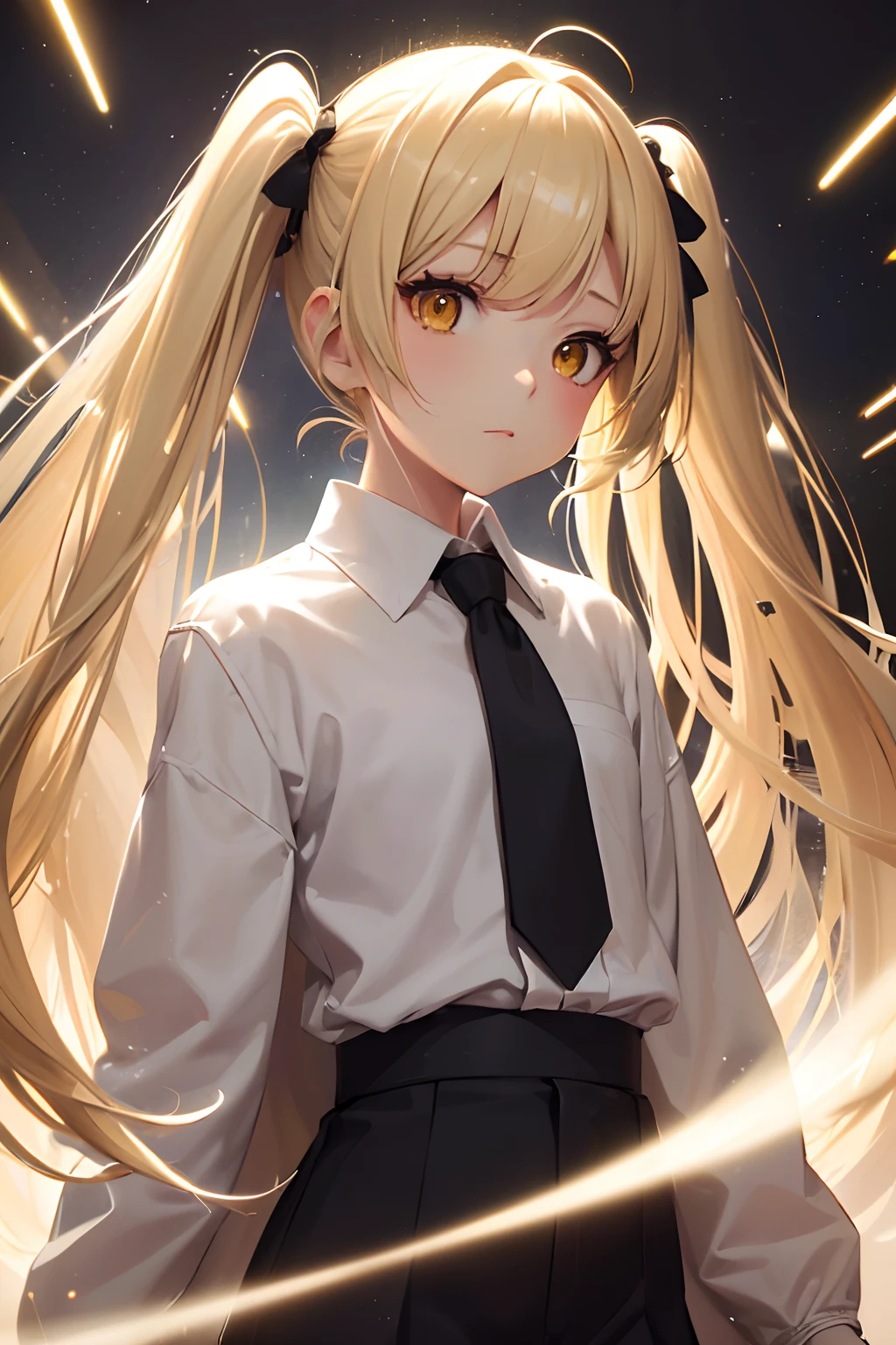 (masutepiece, Best Quality:1.3), (Ultra-detailed:1.3), 1girl in, Solo, (White hair, hair messy, Long hair), (Angel wings, Angel Halo), flat chest, Yellow eyes, (White shirt, black necktie, Black coat, Open coat), Cowboy Shot, Cinematic lighting, (((Glowing particles of light))), (arms behind back), Dynamic Angle,(((Petite girl with blonde twin tails))),
