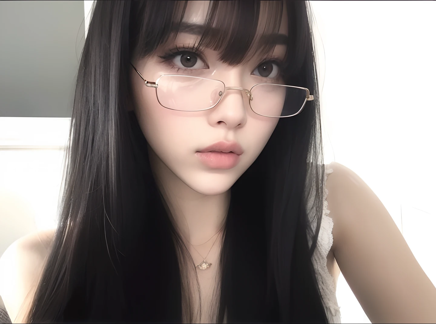 Hay una mujer con gafas para hacerse un selfie, con gafas, con gafas cuadradas, ulzzang, con gafas negras, Hermosa Delphine, Cara linda clara, con gafas puestas, Anteojos, Chica coreana, usar gafas cuadradas, usar gafas redondas grandes y delgadas, gafas gruesas, Ella tiene el pelo negro con flequillo, flequillo largo y recto