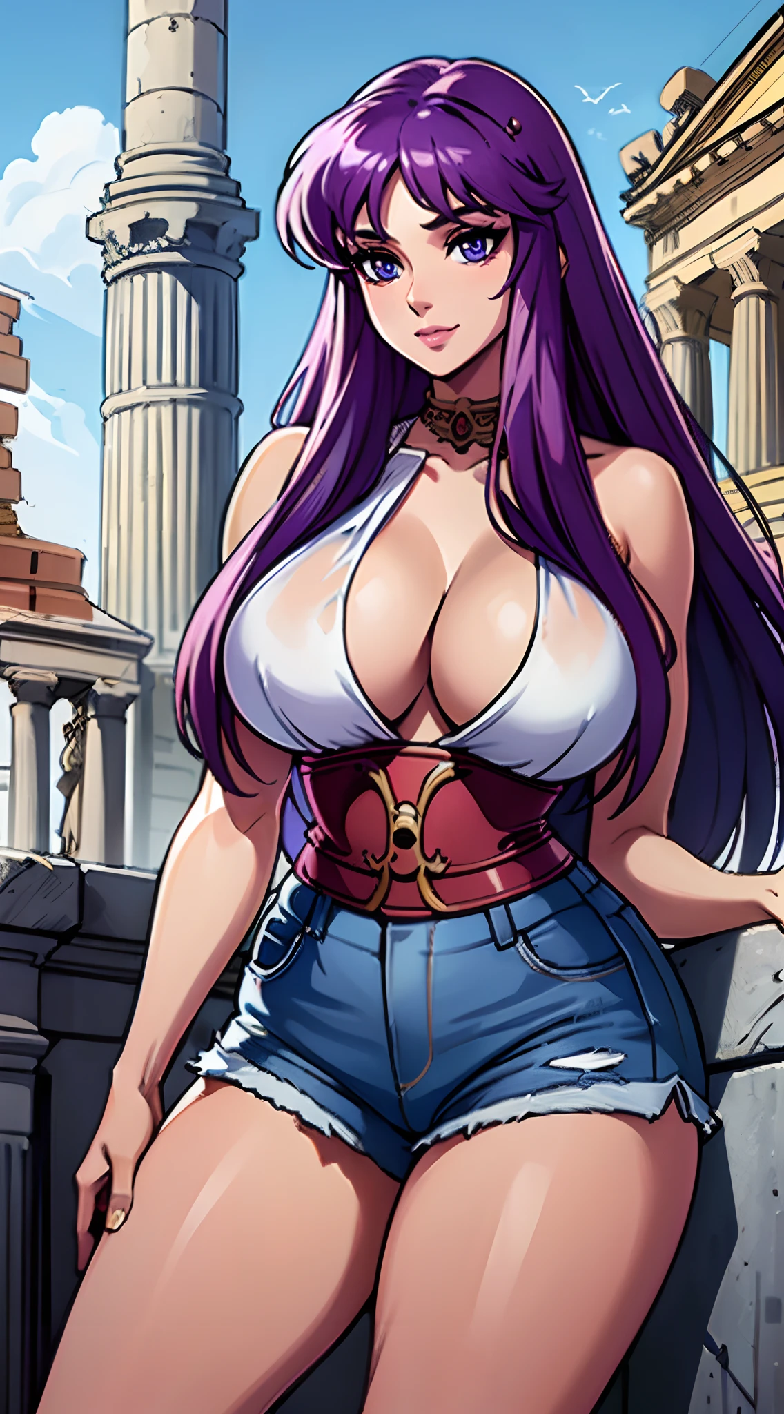 (best quality:1.3), Saori Kido, (shorts jeans), peituda, sedutor, sexy, body curvy, (templo romano arruinado),