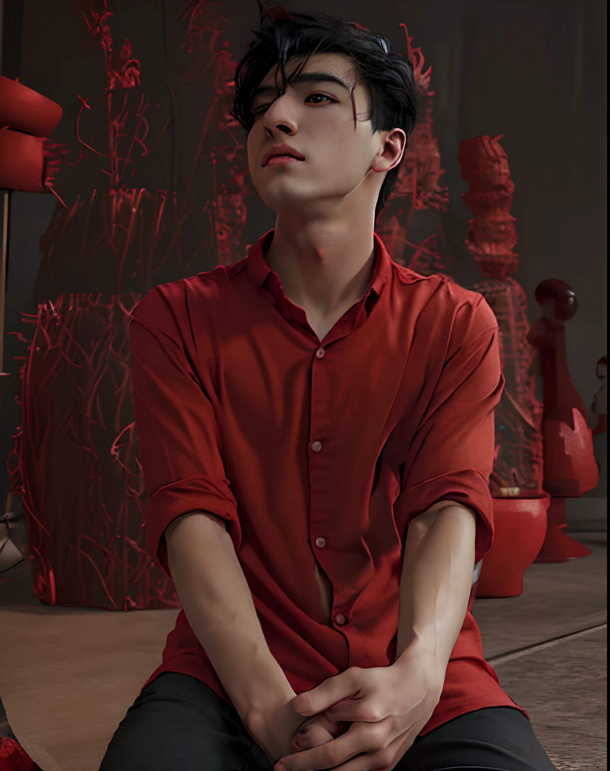 (highres,best quality:1.2),anime boy,sitting,HD,red shirt,black hair,4k art,ultra HD anime boy portrait,animated