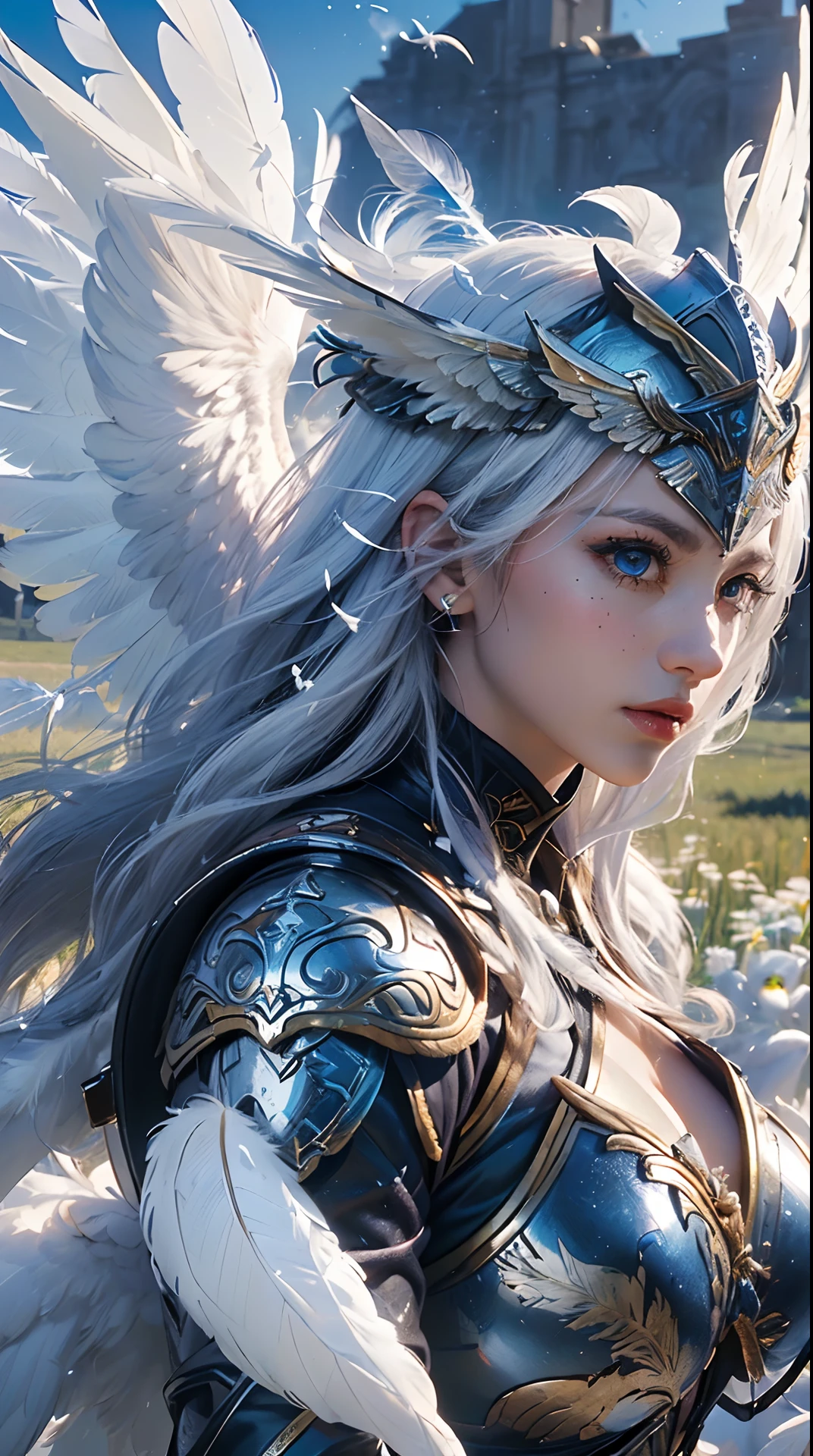 Art background art germ. High detail，in a panoramic view，1girll，Busty woman，Busty woman，Beautiful young woman with white concept dress with white high slit dress，cloaks，hooding，on a white horse，（Templar style），Red Cross tattoo，White princess hair，Sculptural body，Perfect blue and beautiful eyes，Glowing painting，Super sharp，realisticlying，32K，IG model | Art germ, Extremely detailed Artgerm, Art germ. anime illustration, Art germ. High detail, Art germ on ArtStation Pixiv, Fanart Meilleure ArtStation, Detailed digital anime art, Smooth anime CG art, Deviantart ArtStation CGSCOSIETY, 8K high quality detailed art