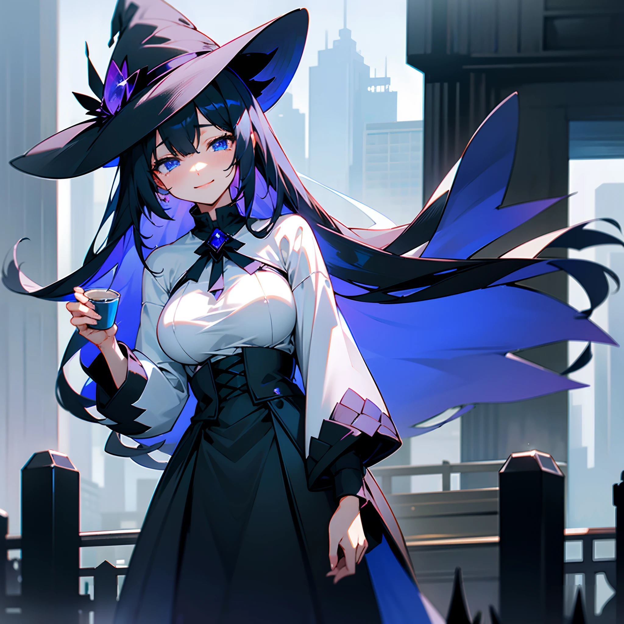 rainy evening、Urban area lined with buildings、Midnight Tokyo、Standing Girl、Black coat、white t-shirts、a black skirt、White lob hair with blue-violet mesh、Wearing a big black witch hat with sapphire accessories、Blue eyes with highlights、Smile and shed tears、B cup breasts、Beautiful illustration