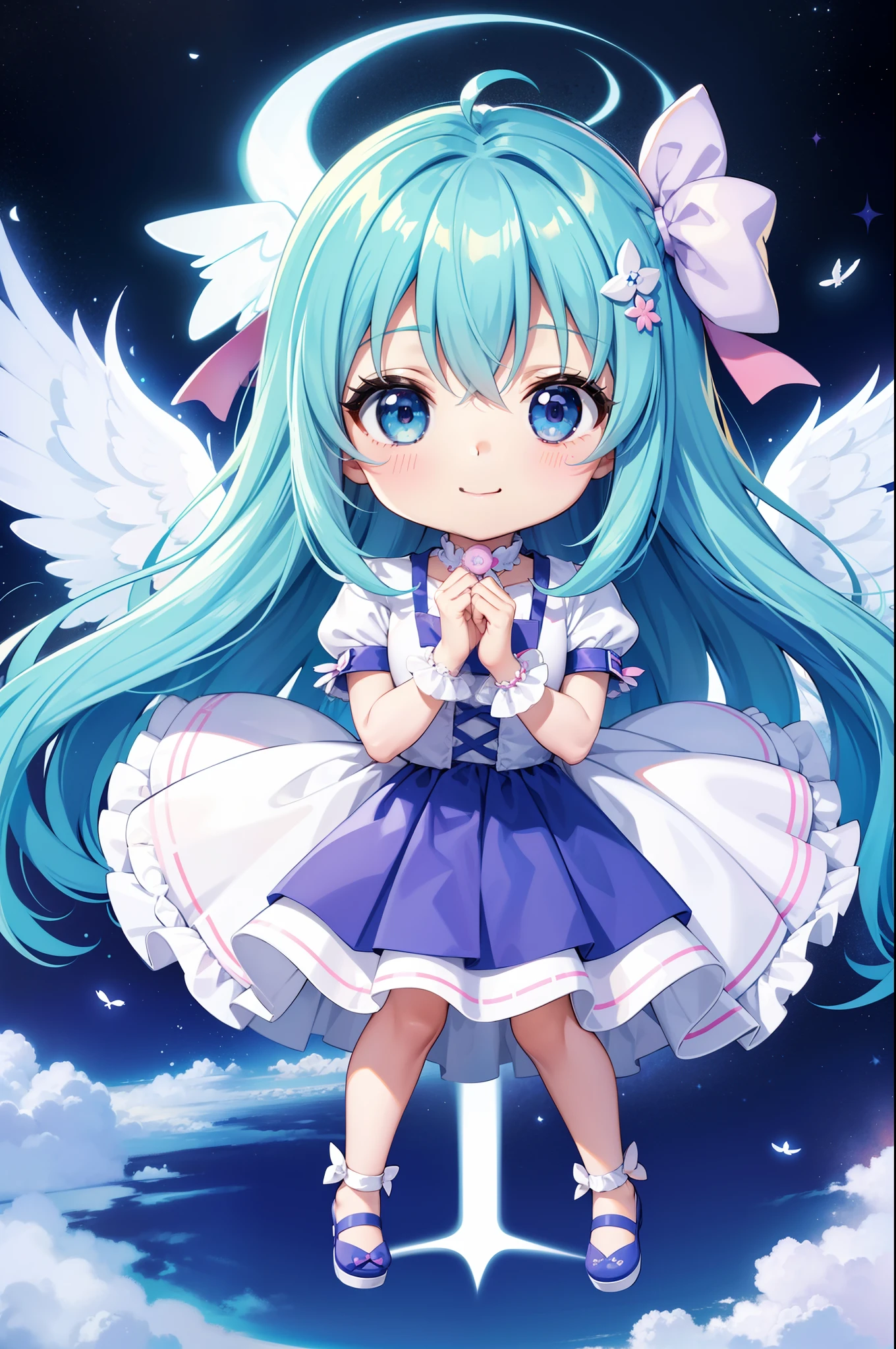 adorable smiling With colorful angel wings、Flying in the sky。long hair with blue hair((Chibi Chara))、Girl in cute costume、Chibi Chara、full body Esbian、Pastel colors hair、masutepiece、top-quality、Large in the center