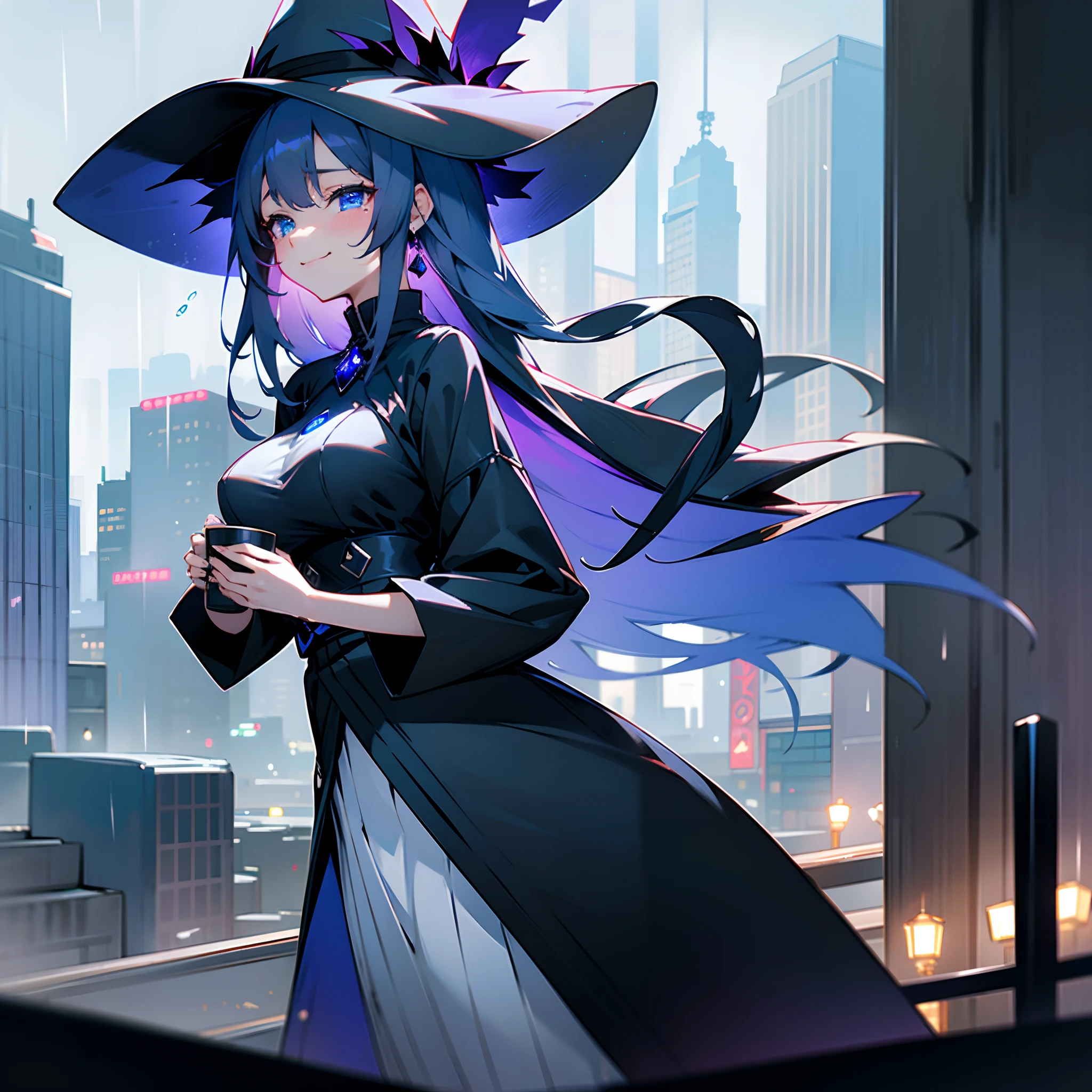 rainy evening、Urban area lined with buildings、Midnight Tokyo、Standing Girl、Black coat、white t-shirts、a black skirt、White lob hair with blue-violet mesh、Wearing a big black witch hat with sapphire accessories、Blue eyes with highlights、Smile and shed tears、B cup breasts、Beautiful illustration