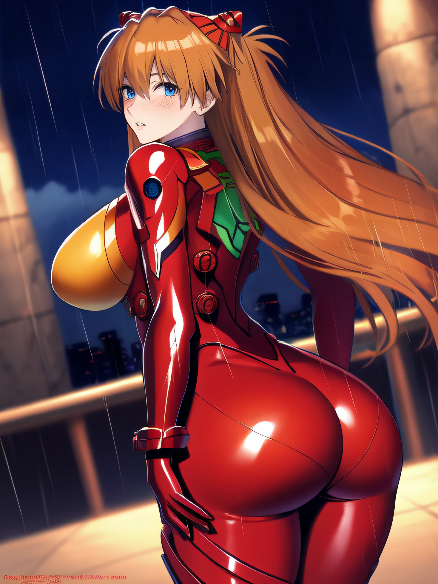 Asuka Langley ,masterpiece, best quality,,city,cyperpunk,night,rain,moon, HUGE ASS, BACK VIEWER, BLUSH, SEDUCTIVE LOOK