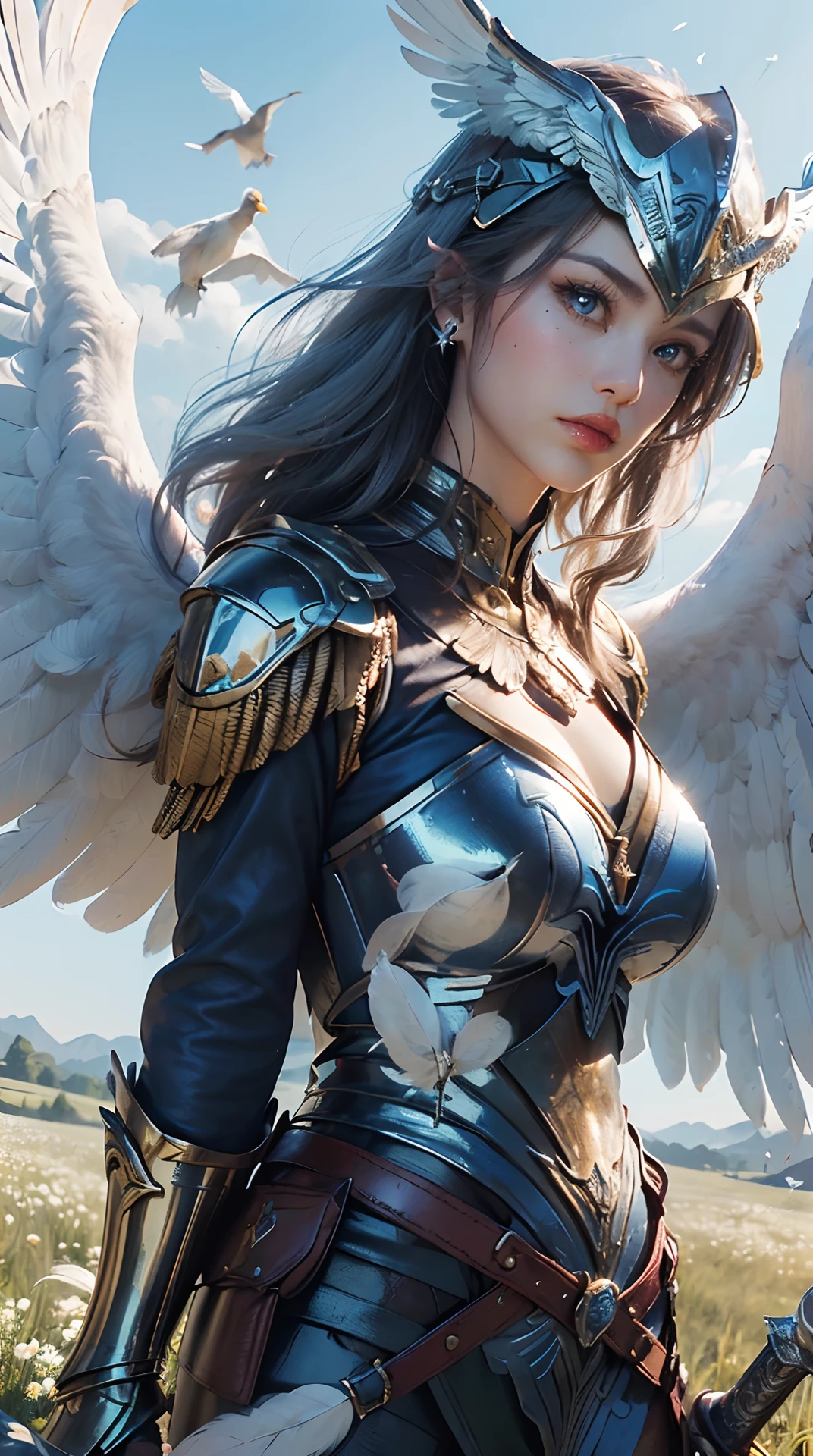 (best quality,4k,8k,highres,masterpiece:1.2), ultra-detailed, (realistic,photorealistic,photo-realistic:1.37), (beautiful detailed eyes, beautiful detailed lips, extremely detailed eyes and face, long eyelashes), studio lighting,physically-based rendering,vivid colors, (valkyrie with huge white wings, giant legendary sword, huge legendary shields, legendary helmets with huge feathers, legendary armor, royal blue:1.5), (Large numbers of white, shiny bird feathers flutter through the air:1.5), (meadow, dynamic pose, pegasus, softwriting:1.5),