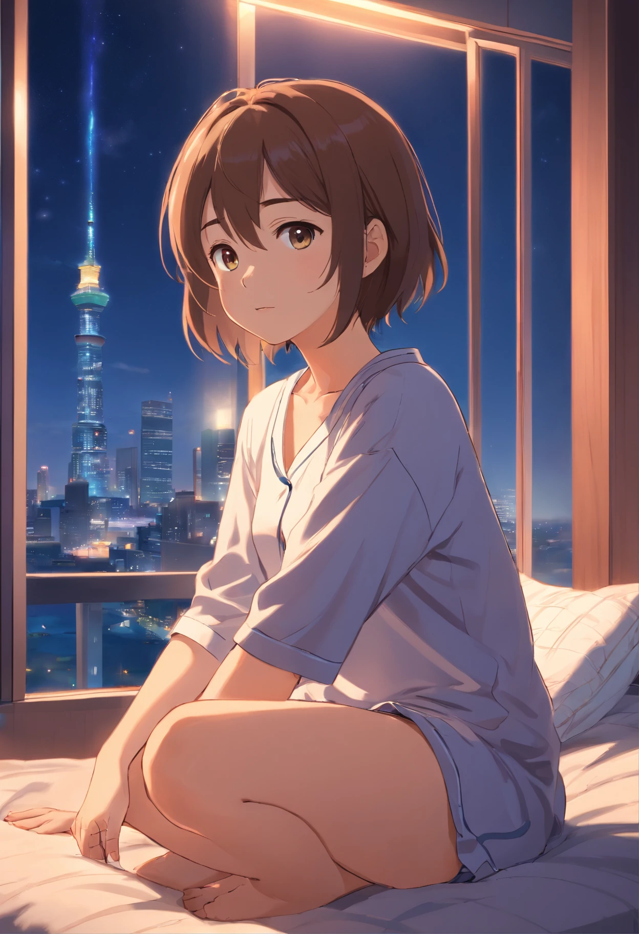 Best Quality、Night view outside the window、Light brown skin、s Pajamas、cleavage of the breast、short-hair、femele、独奏、Very cute、、Midnight、Brown hair、、I want to blush、bending forward、Bedroom、Wink、twinkling、Kamimei、Sit on the bed、Girl sitting