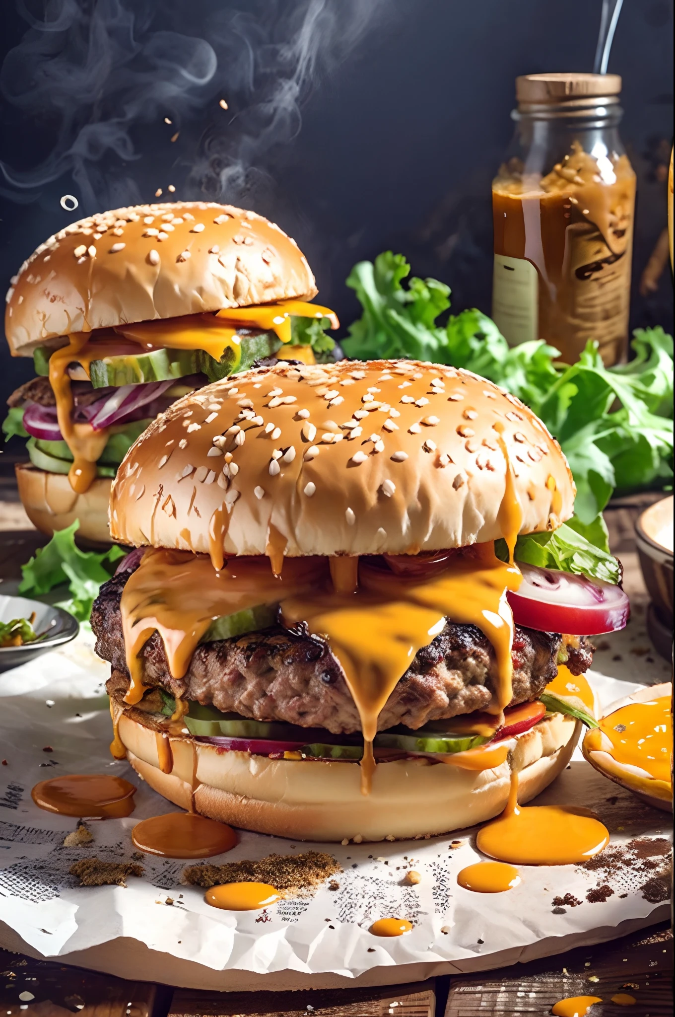 Paint a mouthwatering picture of a perfectly crafted cheesy burger. Describe the type of cheese used, its gooey meltiness, and how it blankets the juicy patty. Dive into the toppings, condiments, and the type of bun, highlighting how they complement the rich, cheesy goodness. Convey the overall sensory experience, from the satisfying aroma to the delightful taste, making the reader's mouth water just thinking about this delectable cheesy burger.