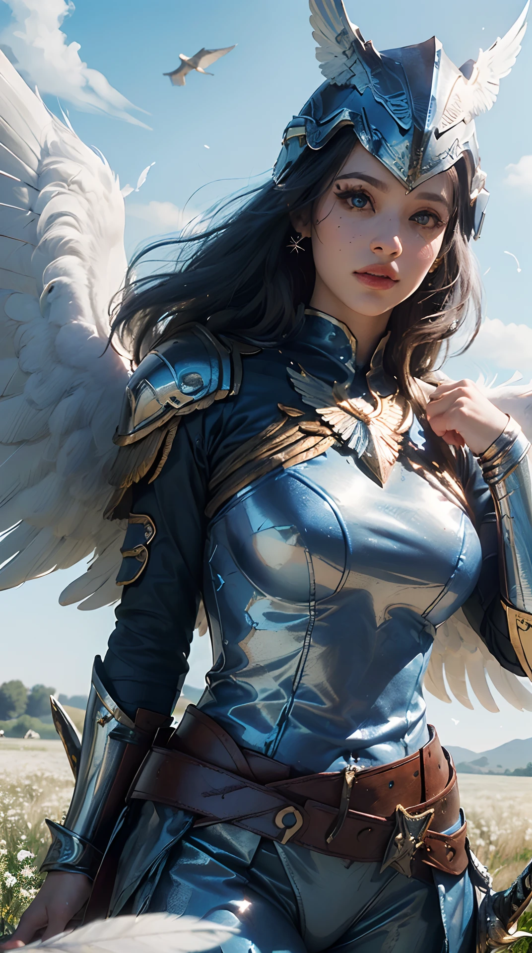 (best quality,4k,8k,highres,masterpiece:1.2), ultra-detailed, (realistic,photorealistic,photo-realistic:1.37), (beautiful detailed eyes, beautiful detailed lips, extremely detailed eyes and face, long eyelashes), studio lighting,physically-based rendering,vivid colors, (valkyrie with huge white wings, giant legendary sword, huge legendary shields, legendary helmets with huge feathers, legendary armor, royal blue:1.5), (Large numbers of white, shiny bird feathers flutter through the air:1.5), (meadow, dynamic pose, pegasus, softwriting:1.5),