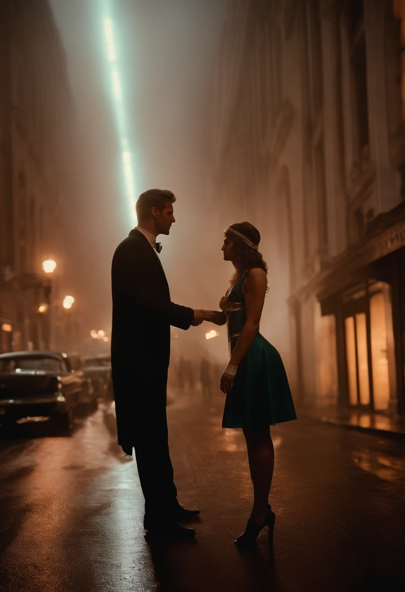 A Halloween party in a New York City apartment with two young people falling in love at first sight. The man is a lawyer wearing a Rick Deckard blade runner costume. He's white, tall, with medium length brown hair and stubble. The woman is greek and wearing a school girl costume.