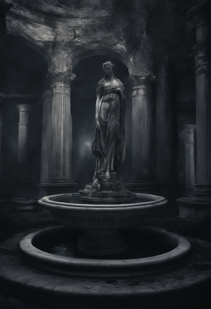 Wide illustration in the style of contemporary fantasy with realistic details and a somber medieval atmosphere. Marble fountain, gleaming under the pale moonlight. In the center, a statue of a woman, serene, her nudity contrasts with the purity of the water gushing from the pitcher she holds in her arms. On the marble around the fountain, indecipherable inscriptions can be seen, reflecting the last rays of the moon before the storm, while the water eternally sprung from the statue's pitcher.