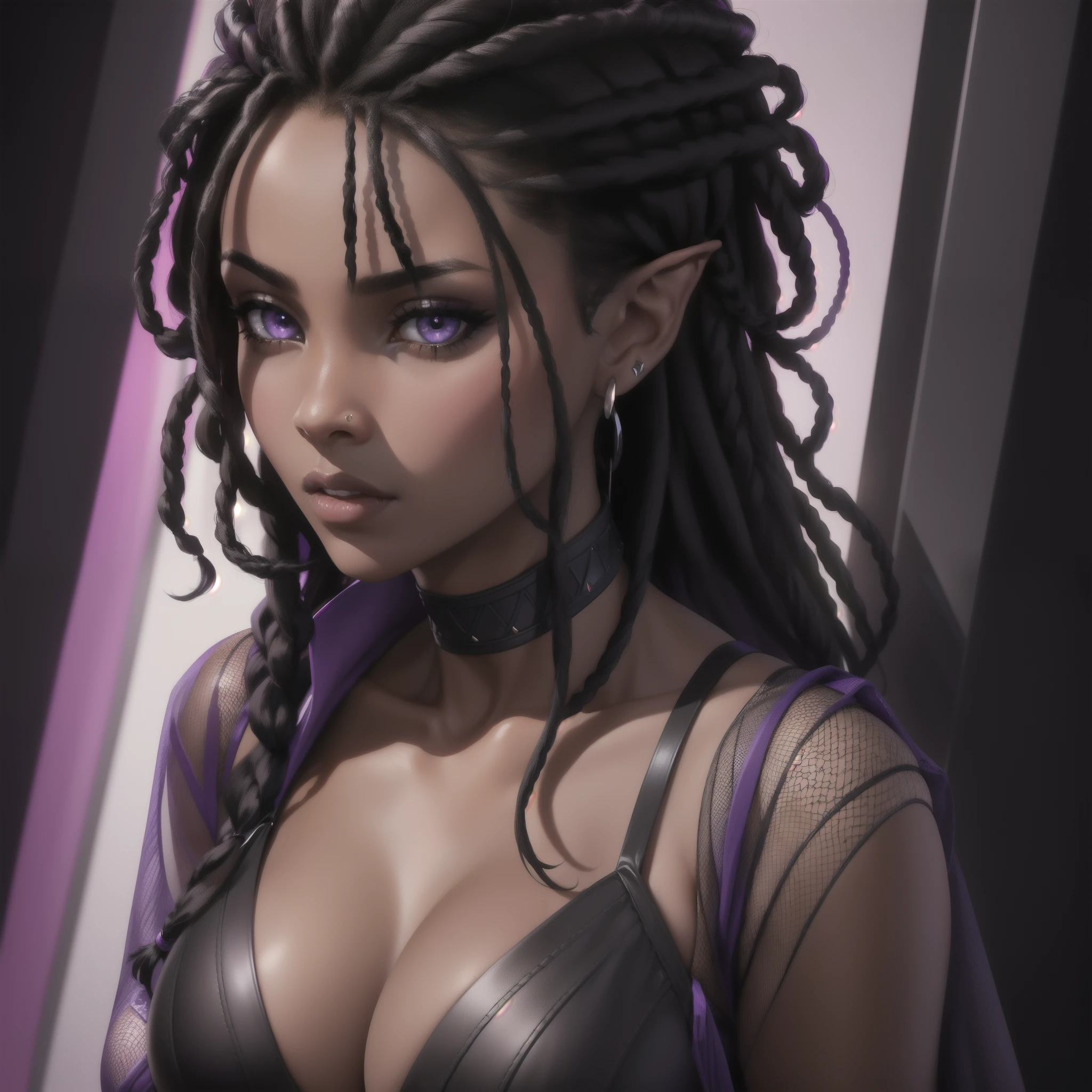 (Portrait) of an (African-American) female, with dark black (dreadlocks), purple eyes, (dark brown skin), pointed ears, (slutty assassin), (fishnet) sexy sith robes, (lust) demon, close-up shot, perfect composition, hyper-detailed, 8K, high quality, (perfect eyes), trending art, sharp focus, studio photo, intricate details, quality pose