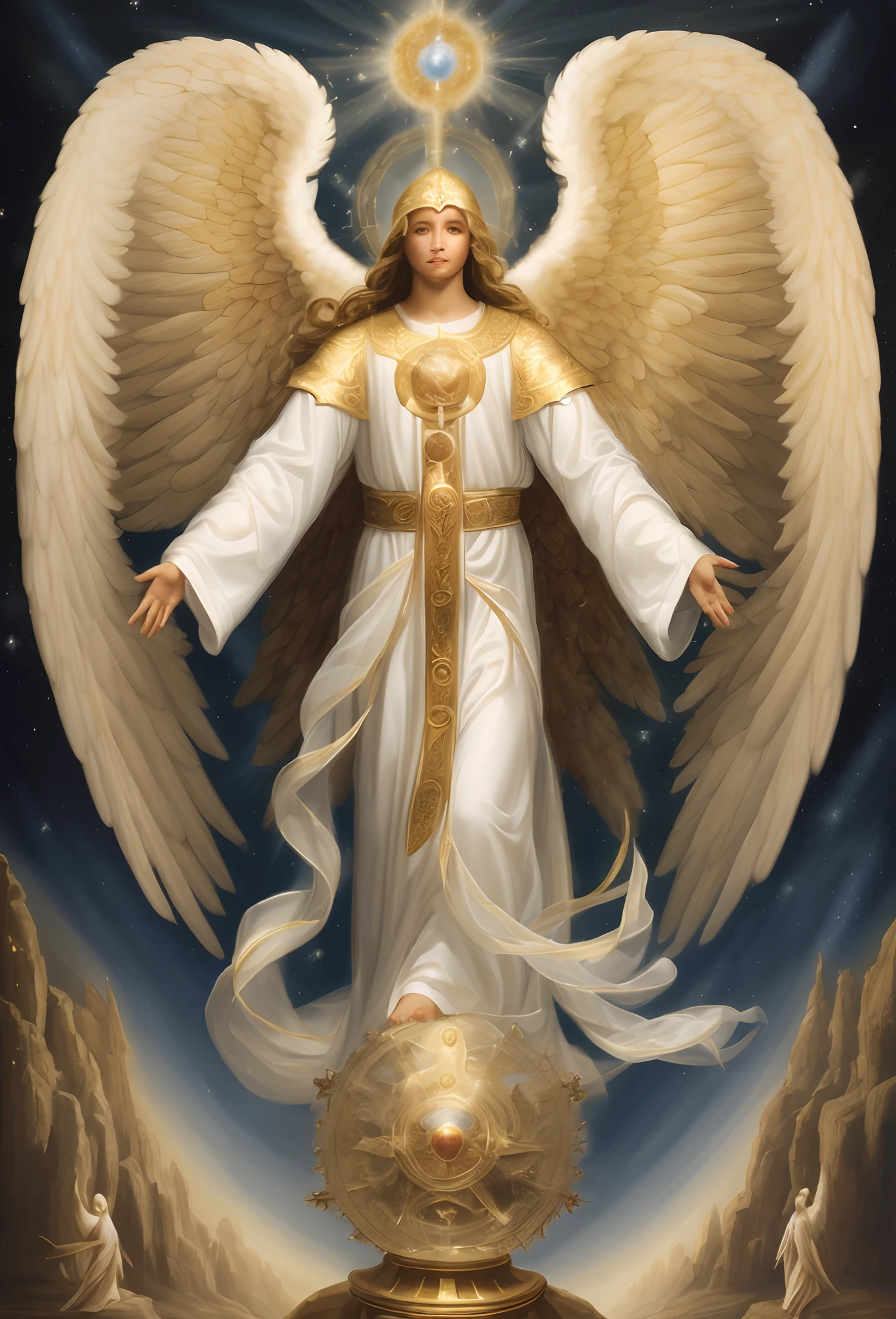 Painting of an angel with a golden halo and wings, Anjo majestoso de corpo inteiro, Armadura Dourada Angelical, arcanjo, Arcanjo Miguel, de anjo lindo, Ethereal Angelic Being of Light, angelic, Um Anjo da Luz do Amanhecer, being brilliant angelic, anjo, anjo bonito, tall female angel, anjo super largo, anjo biblicamente acuado, angelic
