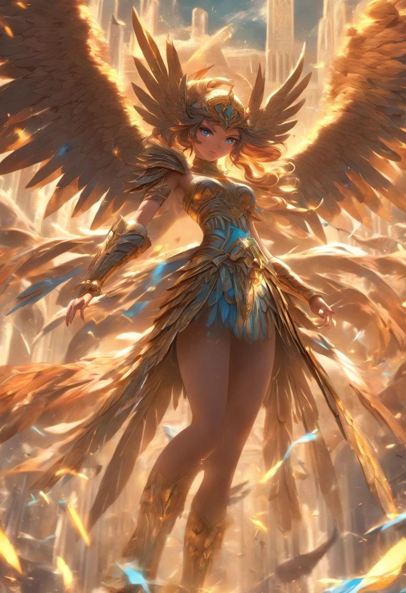 (((INANA))) best quality, ultra-high resolution, 4K detailed CG, masterpiece, The Goddess of WAR with brown hair and blue eyes, wings, Sumerian clothing, Sumerian mythology, ((STANDING POSE)), Sumerian painting, aesthetic, centered on screen