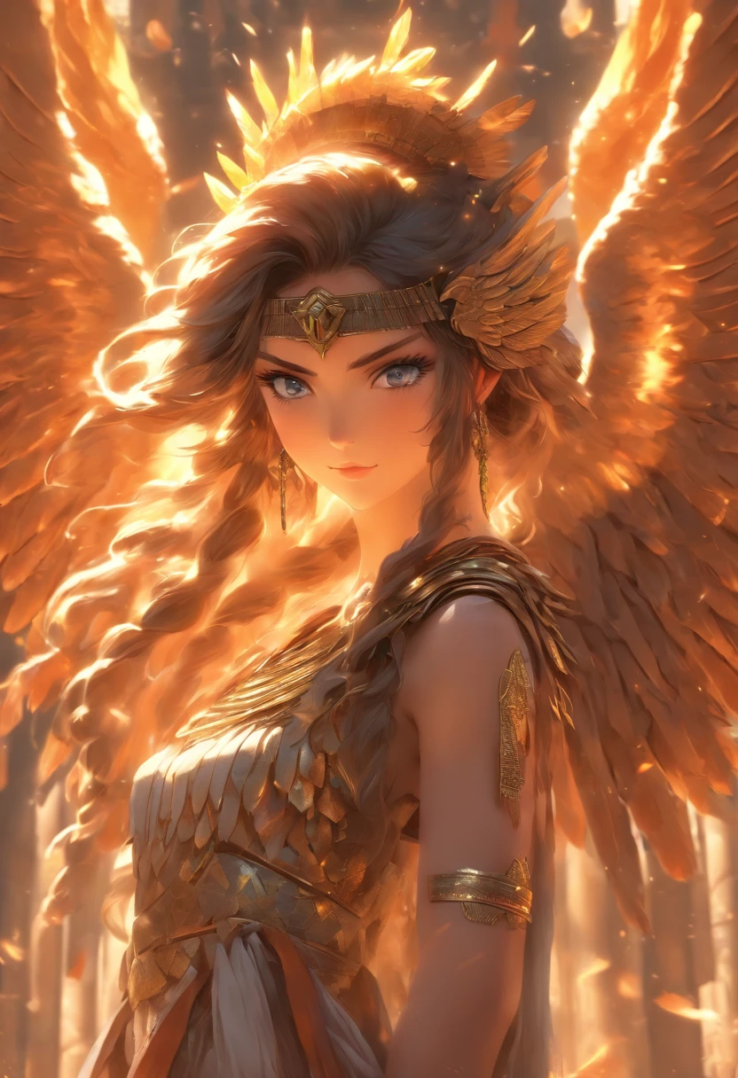 (((INANA))) best quality, ultra-high resolution, 4K detailed CG, masterpiece, The Goddess of WAR with brown hair and blue eyes, wings, Sumerian clothing, Sumerian mythology, ((STANDING POSE)), Sumerian painting, aesthetic, centered on screen