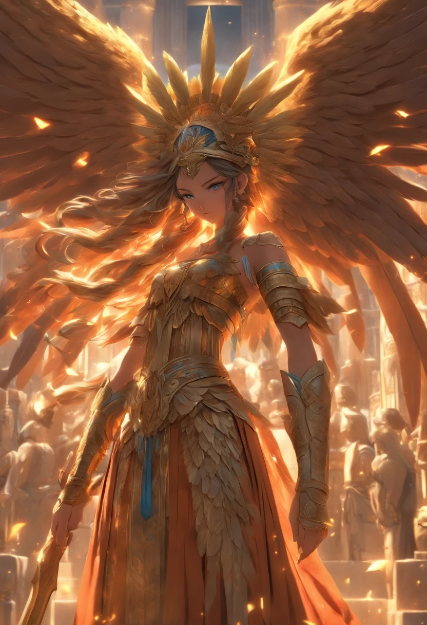 (((INANA))) best quality, ultra-high resolution, 4K detailed CG, masterpiece, The Goddess of WAR with brown hair and blue eyes, wings, Sumerian clothing, Sumerian mythology, ((STANDING POSE)), Sumerian painting, aesthetic, centered on screen