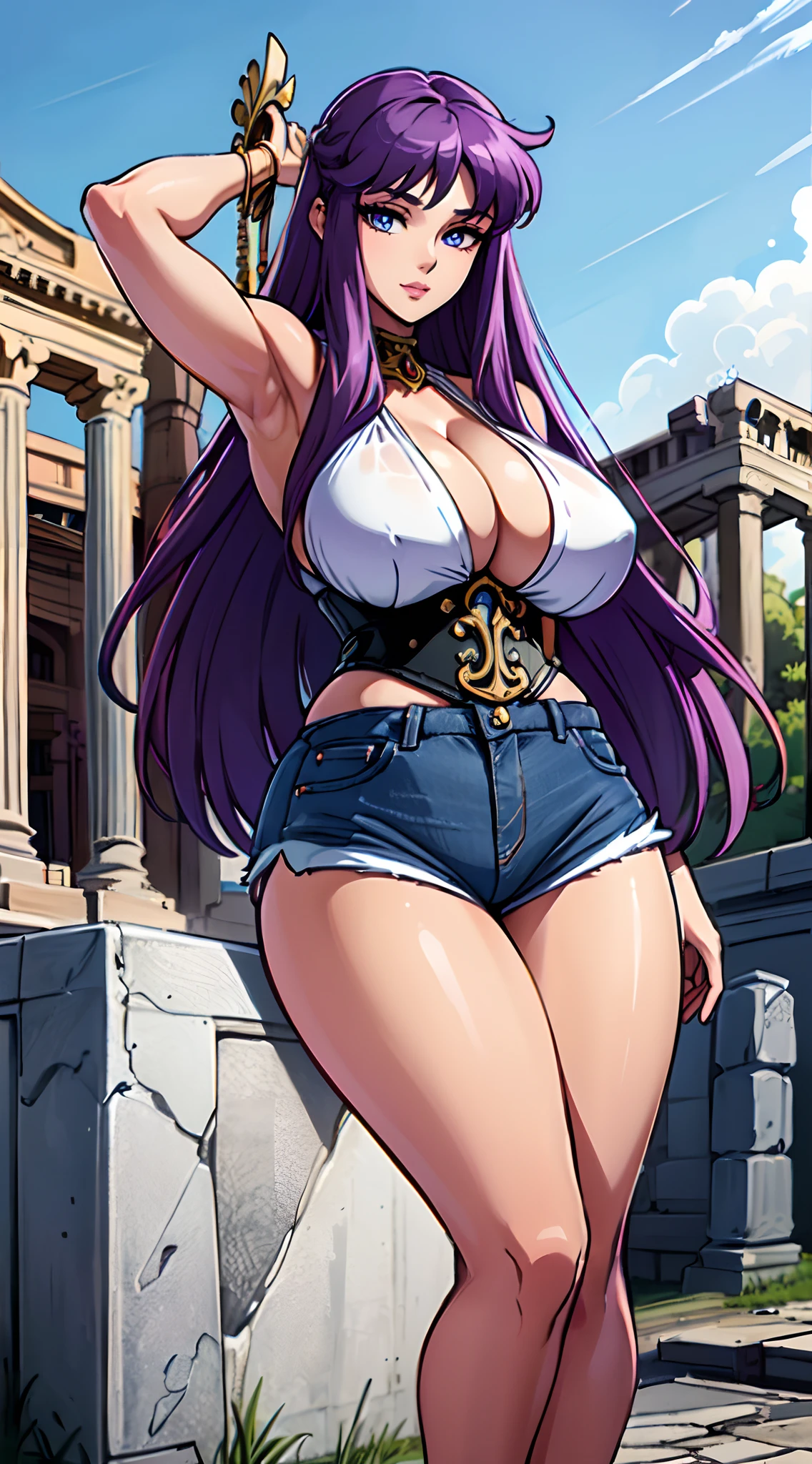 (best quality:1.3), Saori Kido, (shorts jeans), peituda,  sedutor, sexy, body curvy,  (templo romano arruinado),