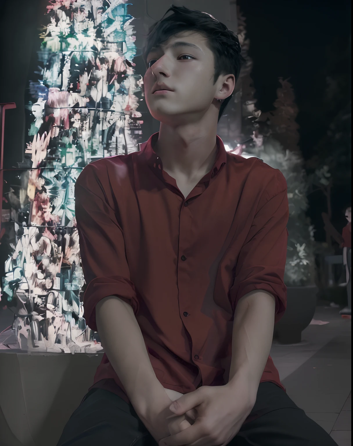 (highres,best quality:1.2),anime boy, arold, 15 ymeboy, night sitting,HD,red shirt,black hair,4k art,ultra HD anime boy portrait,animated