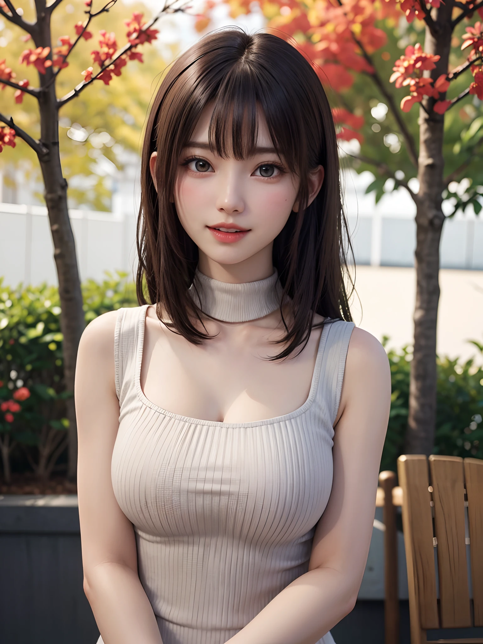 (masutepiece:1.4, top-quality、Very attractive adult beauty with a very cute smile:1.4、Add intense highlights to the eyes:1.4、Look firmly at the camera、Beautiful woman full of adult charm:1.4),1girl in, 独奏, Light brown shiny hair, muffler,Santa Claus hat:1.4,realisitic, looking at the viewers, Bright colored crystal light blue eyes:1.4, short shiny hair, Santa Claus Starneck Knit、 Red and white costume of Santa Claus in turtleneck with round hole in the center of the chest:1.4,Sexy red and blue turtleneck knit sweater with round hole in the center of chest:1.4、 s lips, lipgloss:1.4，bangss, The upper part of the body、big eye、Lashes、The face is a little red:1.4、Embarrassing)、((Canadian tree-lined avenues in autumn:1.4))、((Shorthair with bangs、big eye、Put very strong highlights in your students:1.4、{Gigantic|Big|Huge|Mega} breasts:1.4、very Bigger breasts、gazing at viewer、Very beautiful beauty、Put your ears out:1.4、long neck:1.4、little smiling、Beautiful teeth、Open your mouth and smile:1.4))、28 year old:1.4、Very cute supermodel:1.4、