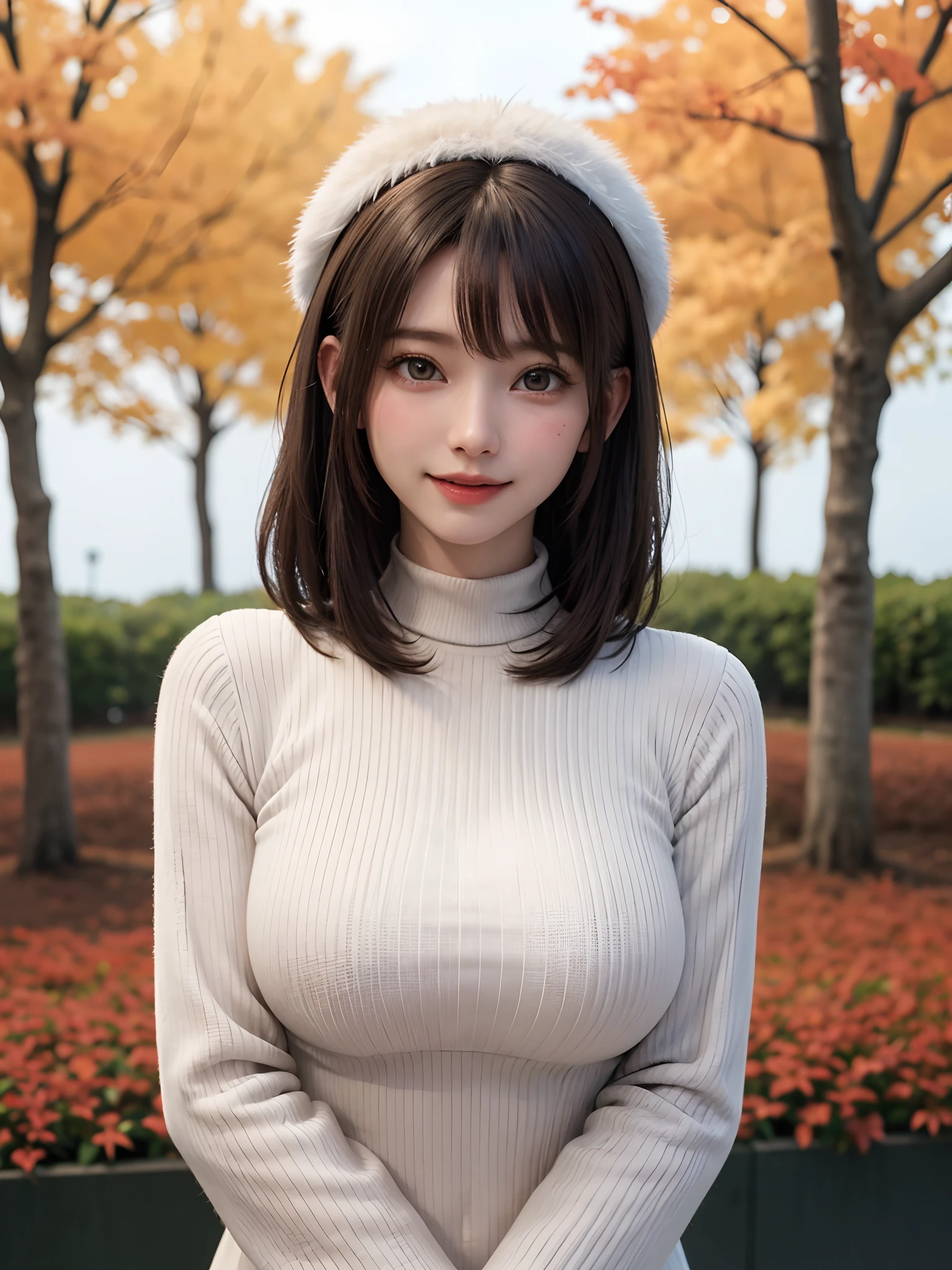 (masutepiece:1.4, top-quality、Very attractive adult beauty with a very cute smile:1.4、Add intense highlights to the eyes:1.4、Look firmly at the camera、Beautiful woman full of adult charm:1.4),1girl in, 独奏, Light brown shiny hair, muffler,Santa Claus hat:1.4,realisitic, looking at the viewers, Bright colored crystal light blue eyes:1.4, short shiny hair, Santa Claus Starneck Knit、 Red and white costume of Santa Claus in turtleneck with round hole in the center of the chest:1.4,Sexy red and blue turtleneck knit sweater with round hole in the center of chest:1.4、 s lips, lipgloss:1.4,bangss, The upper part of the body、big eye、Lashes、The face is a little red:1.4、Embarrassing)、((Canadian tree-lined avenues in autumn:1.4))、((Shorthair with bangs、big eye、Put very strong highlights in your students:1.4、{Gigantic|Big|Huge|Mega} breasts:1.4、very Bigger breasts、gazing at viewer、Very beautiful beauty、Put your ears out:1.4、long neck:1.4、little smiling、Beautiful teeth、Open your mouth and smile:1.4))、28 year old:1.4、Very cute supermodel:1.4、