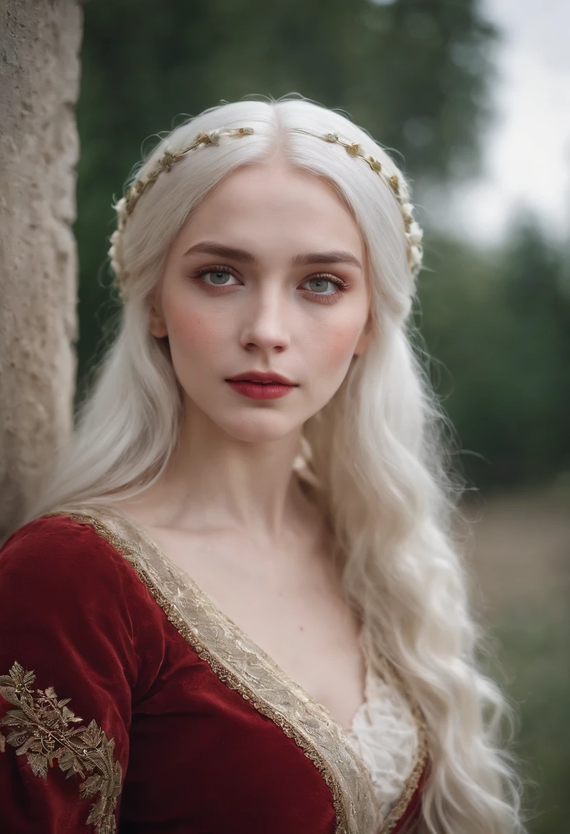 (((A deep, red wound crosses her left cheek))) White complexion, Women around 19 years of age, Natural white hair, Unique green eyes, Wearing a call, Slender and elegant, beautiful, Candles in the Middle Ages, ultra sharp focus, Realistic shots, Medieval women's clothes, Tetradic color (scar:1.4)
